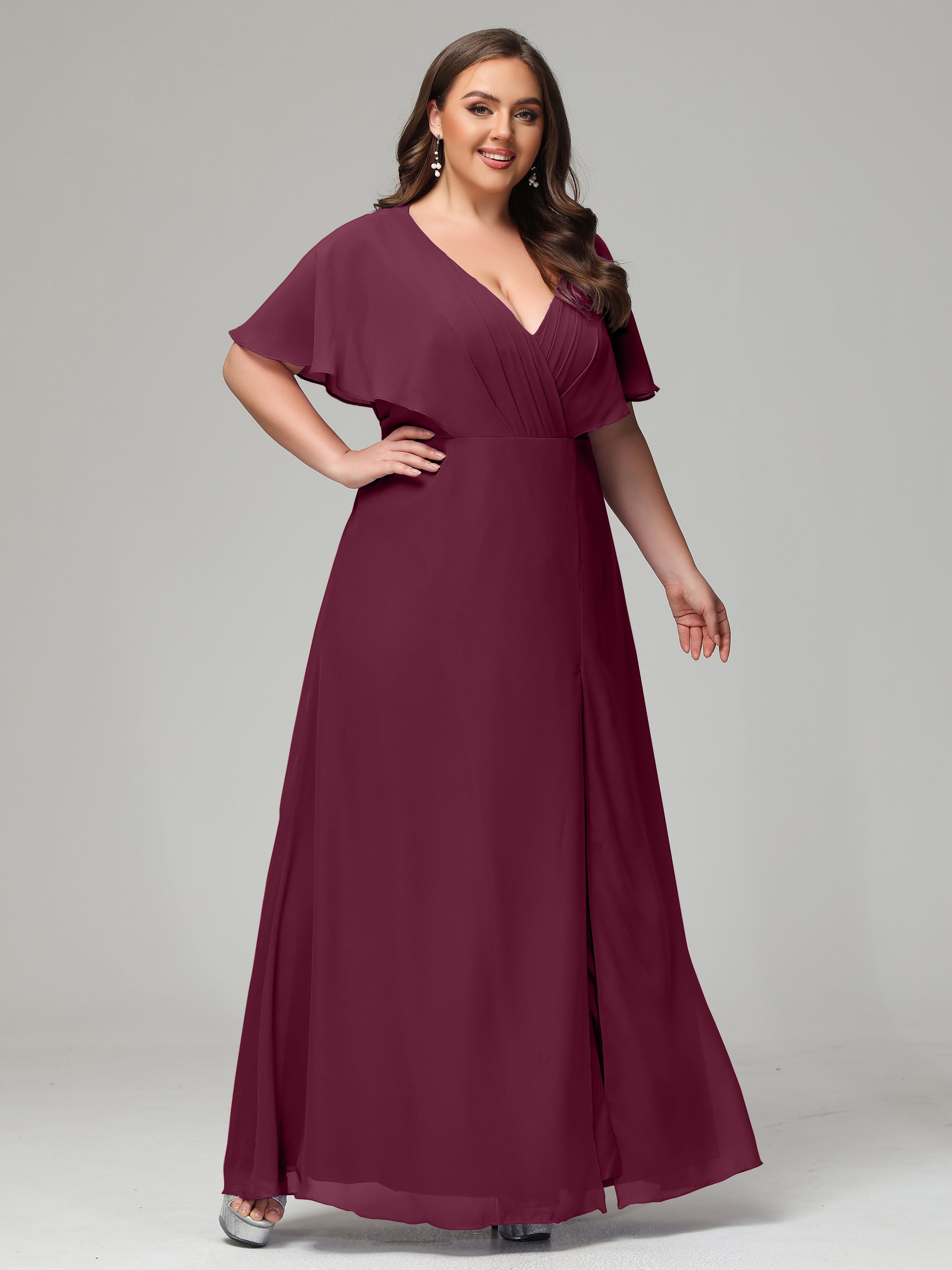 V-Neck Short Sleeves Plus Size Chiffon Bridesmaid Dresses