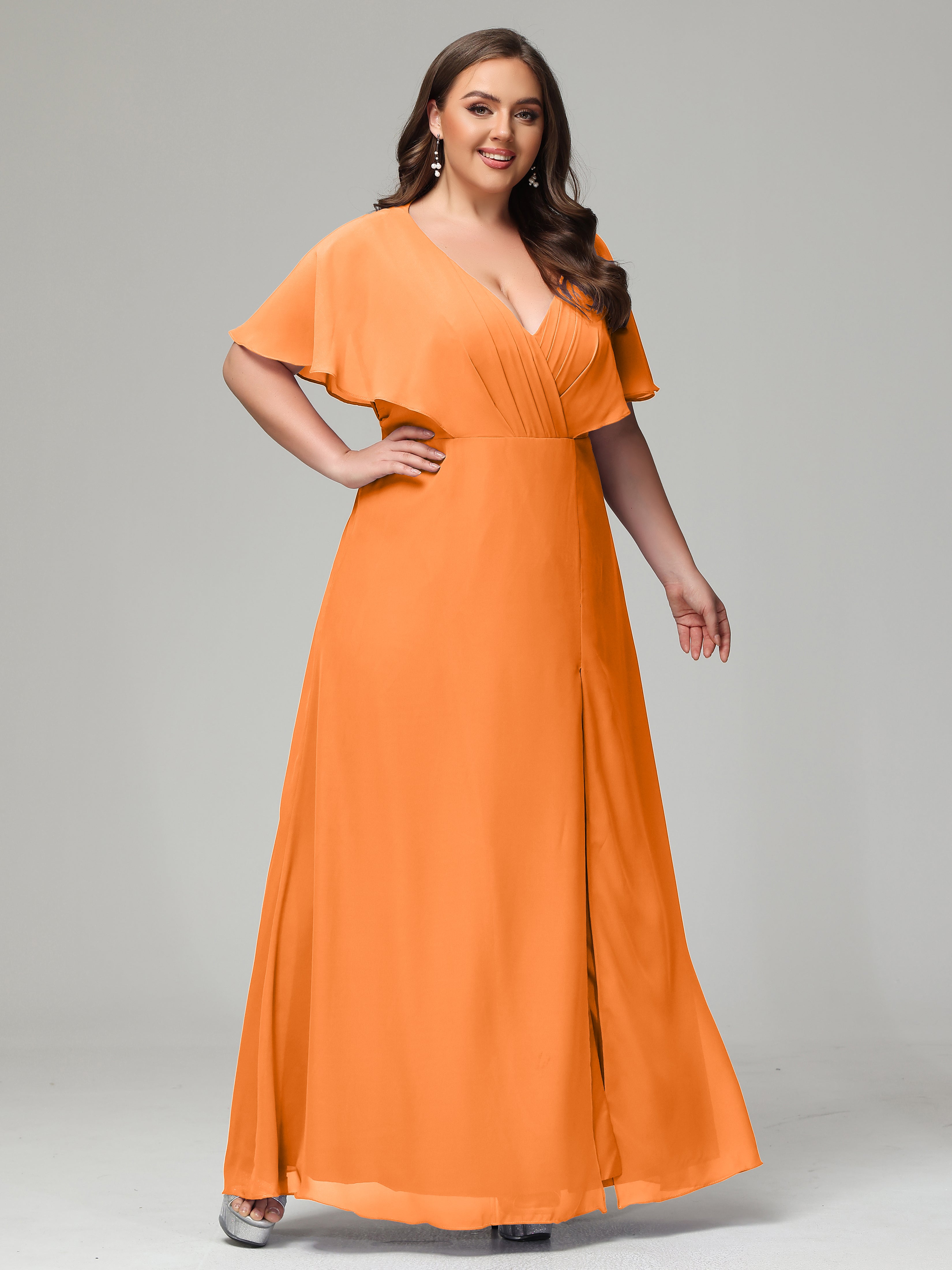 V-Neck Short Sleeves Plus Size Chiffon Bridesmaid Dresses