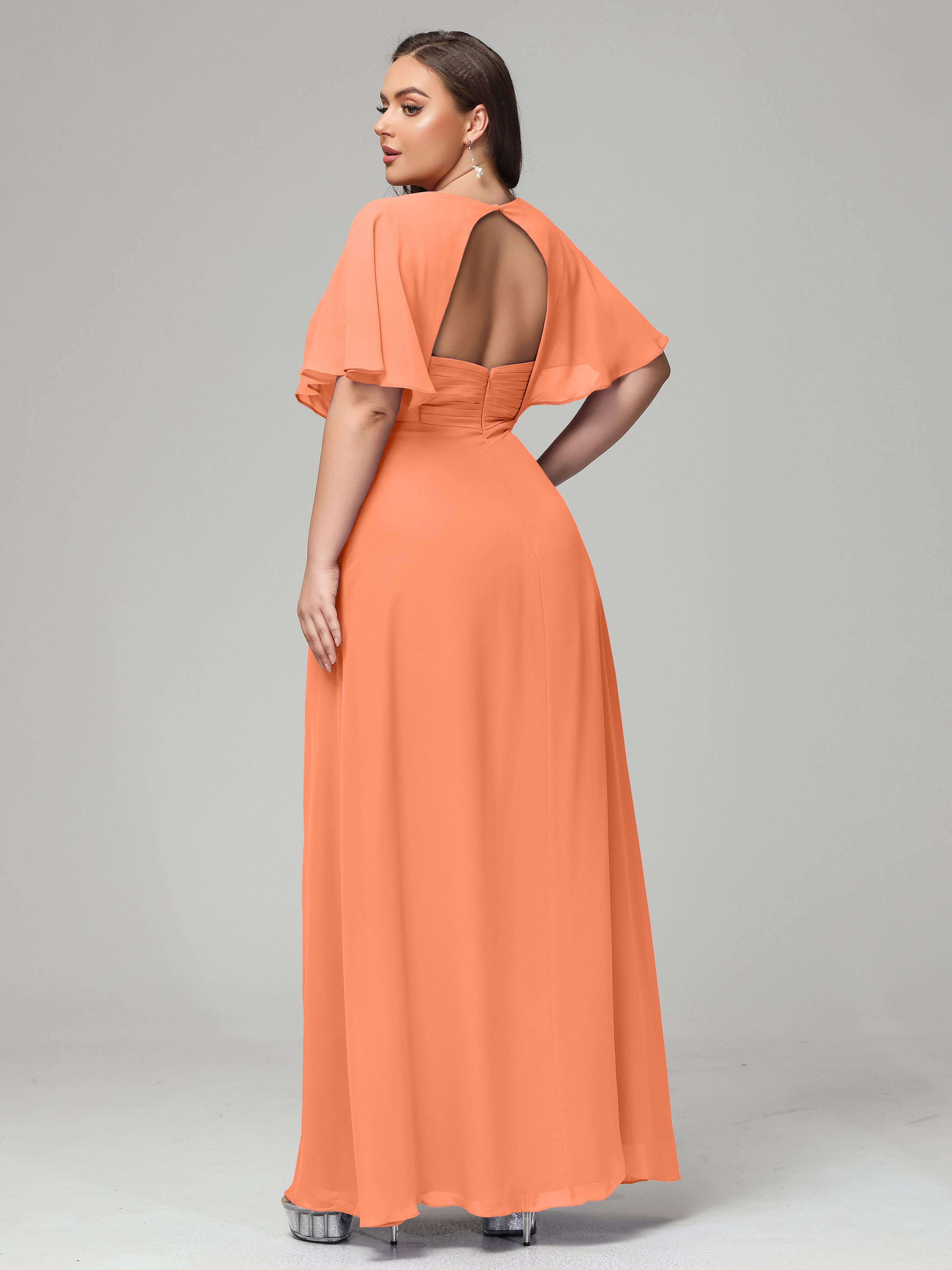 V-Neck Short Sleeves Plus Size Chiffon Bridesmaid Dresses