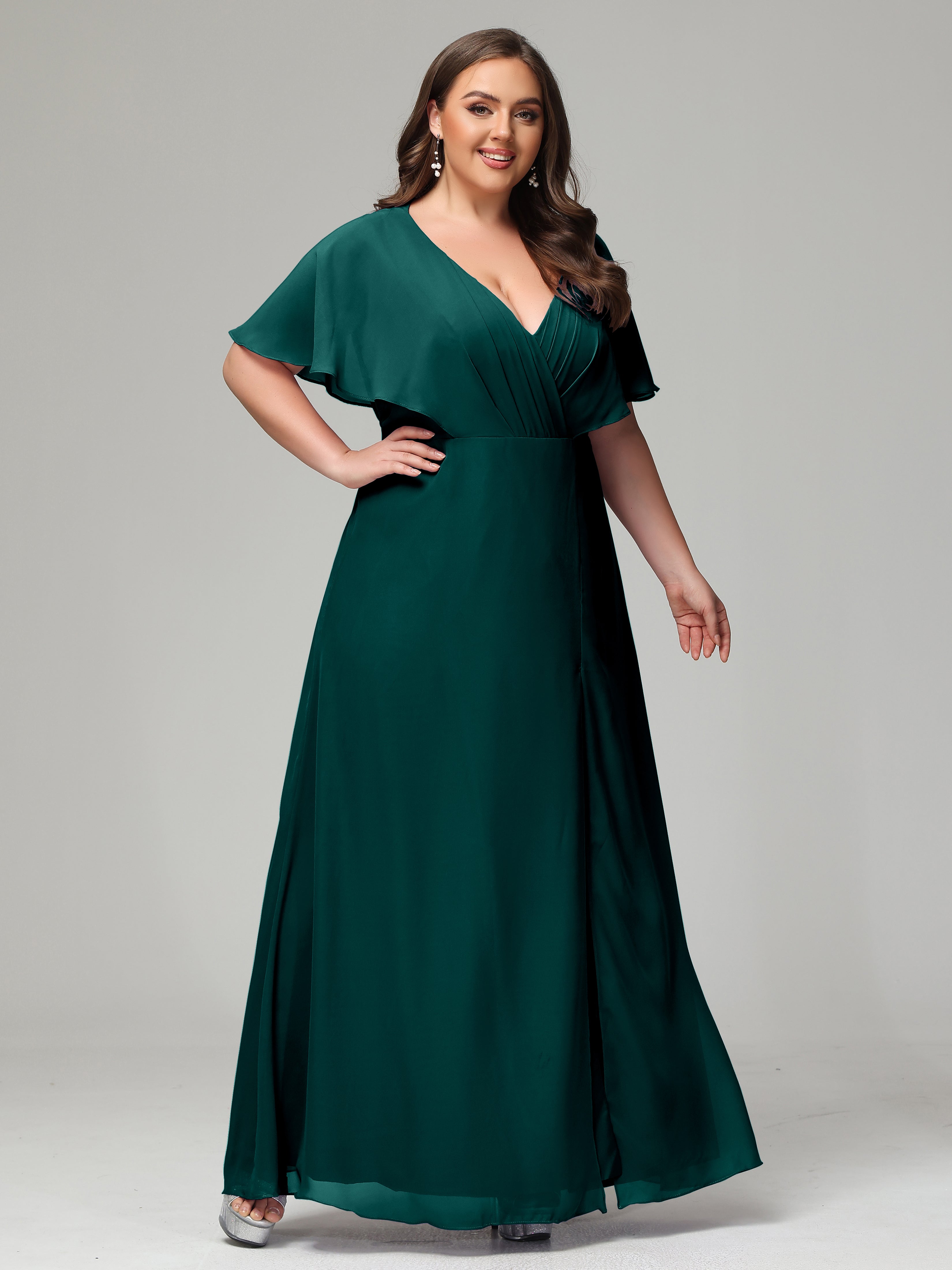 V-Neck Short Sleeves Plus Size Chiffon Bridesmaid Dresses