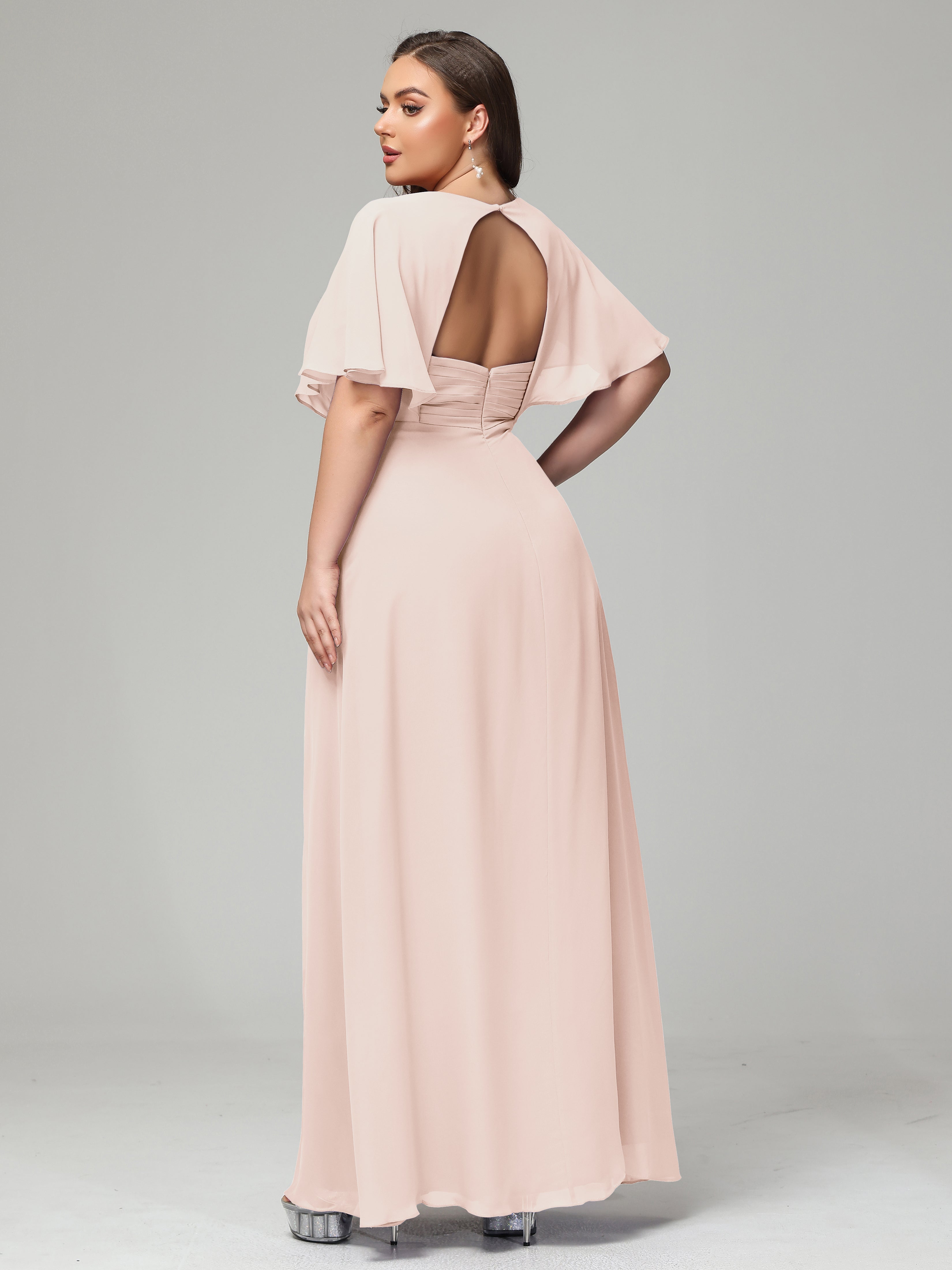 V-Neck Short Sleeves Plus Size Chiffon Bridesmaid Dresses