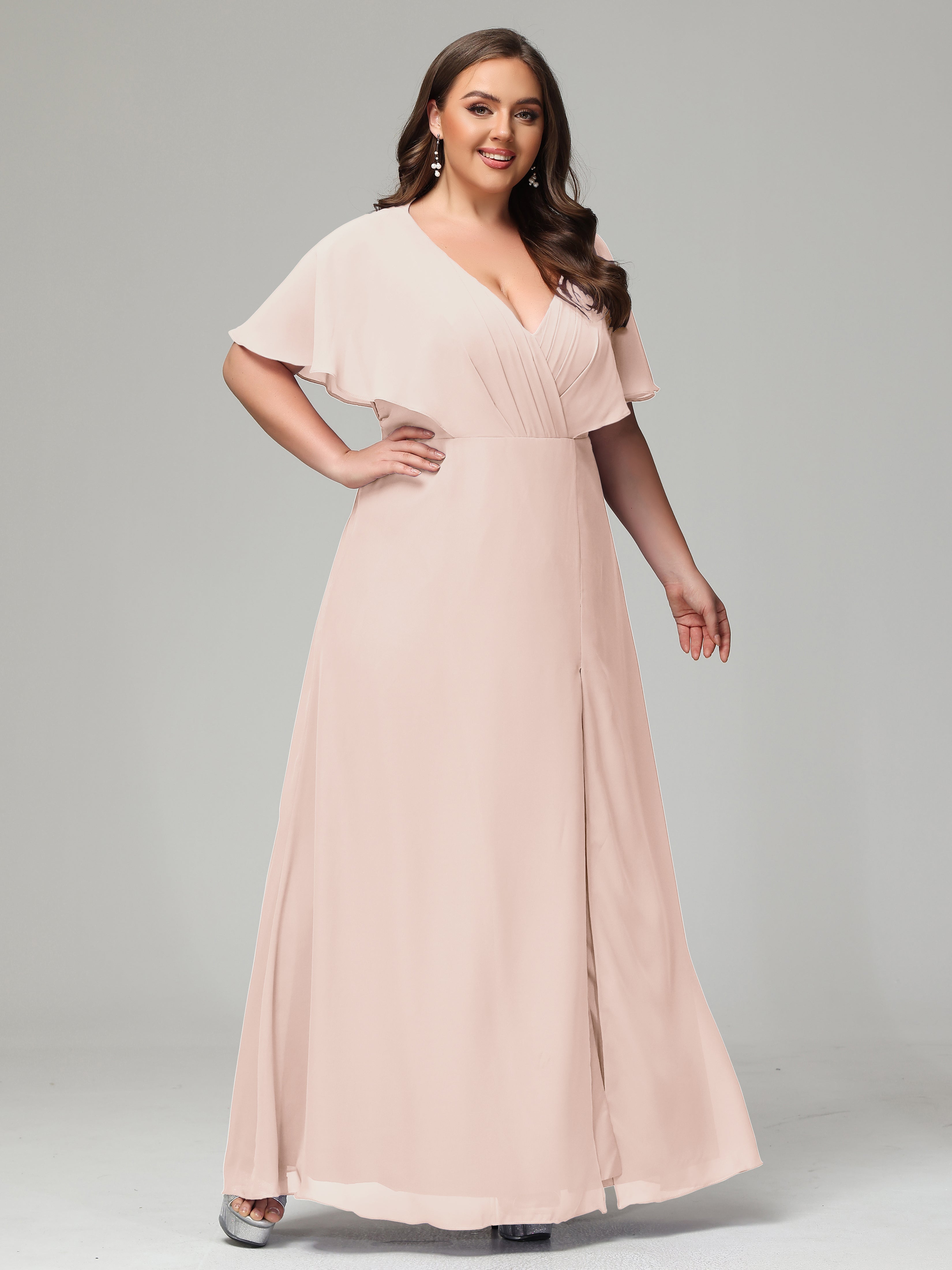 V-Neck Short Sleeves Plus Size Chiffon Bridesmaid Dresses