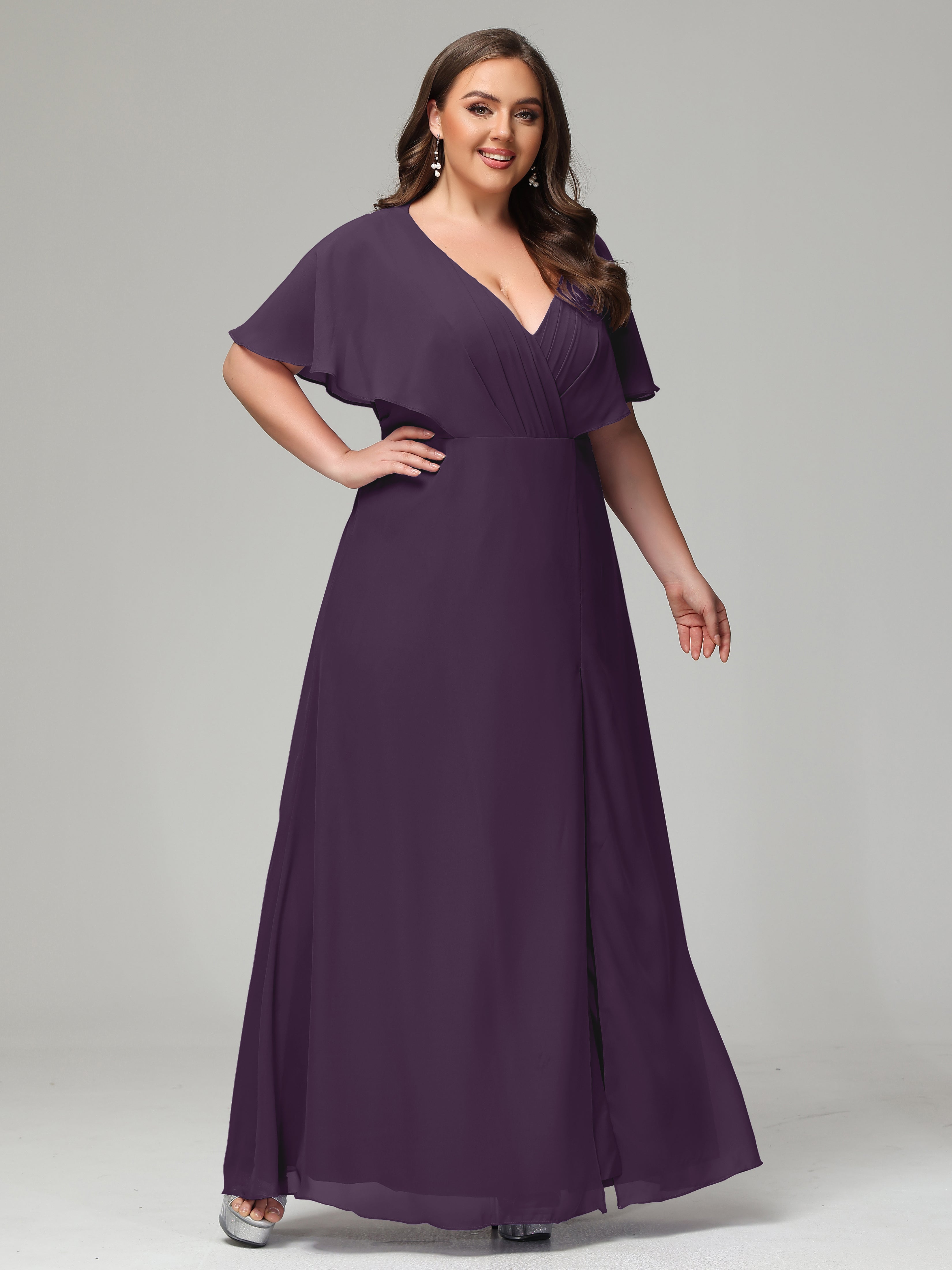 V-Neck Short Sleeves Plus Size Chiffon Bridesmaid Dresses