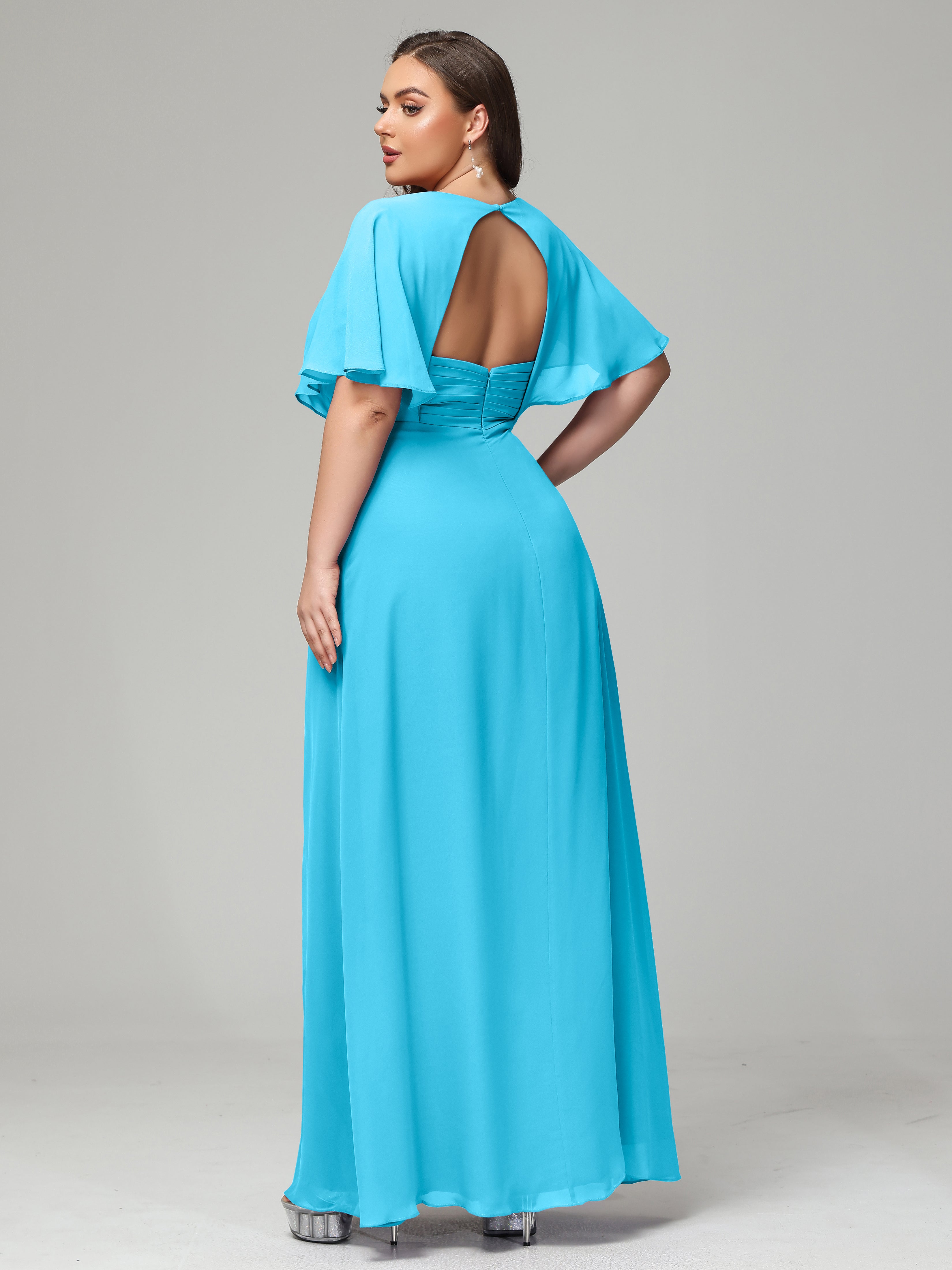 V-Neck Short Sleeves Plus Size Chiffon Bridesmaid Dresses