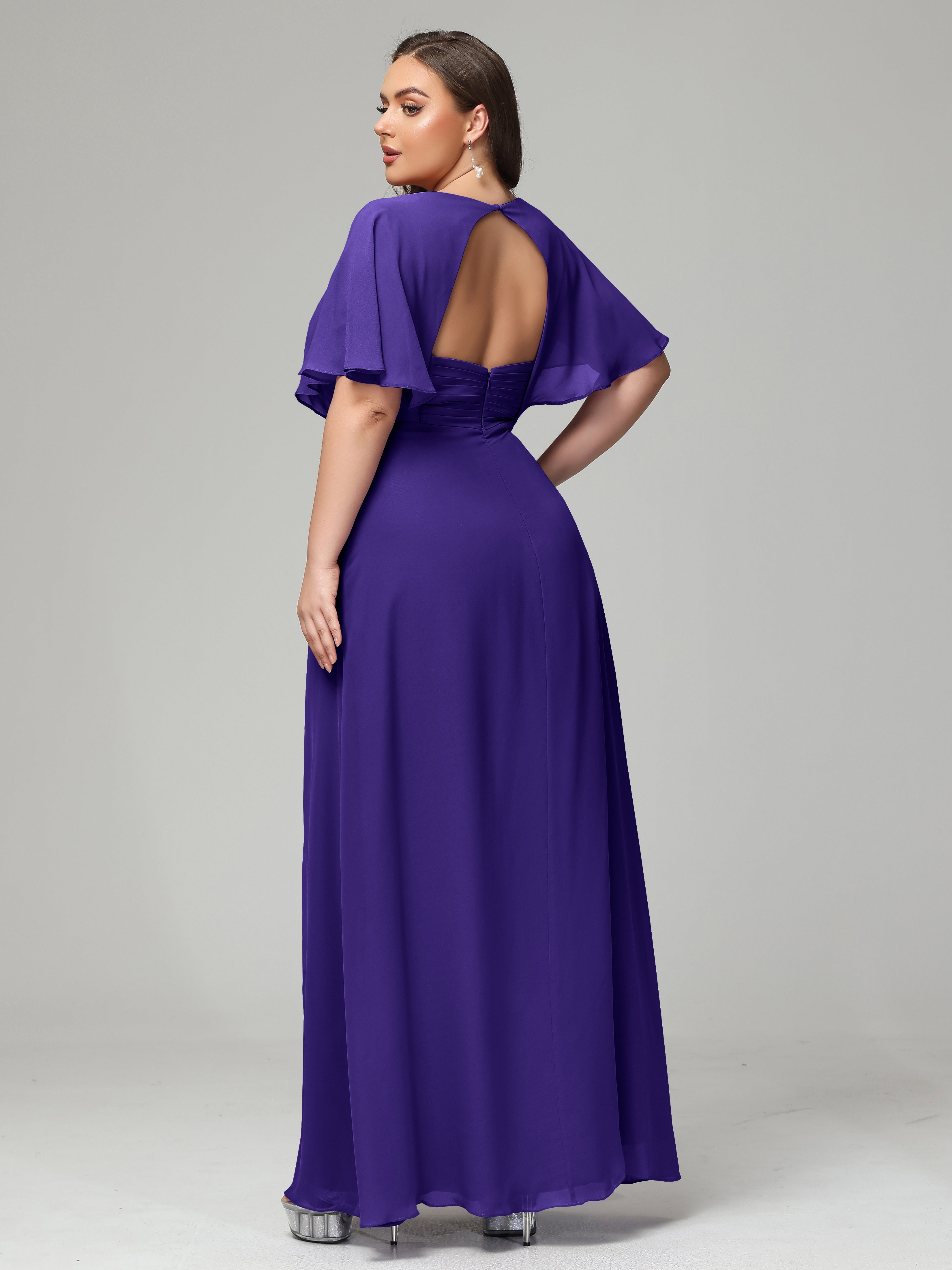 V-Neck Short Sleeves Plus Size Chiffon Bridesmaid Dresses