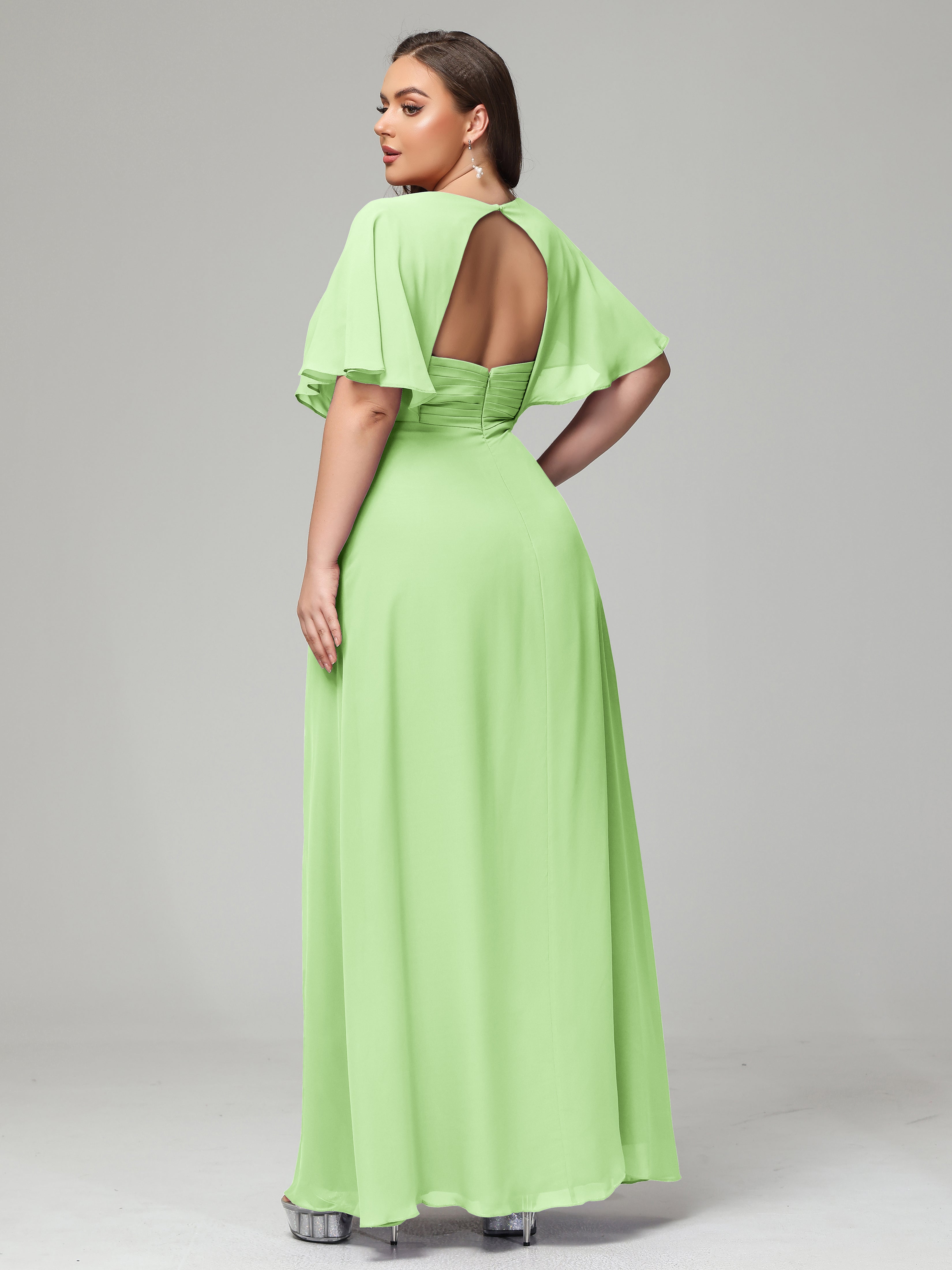 V-Neck Short Sleeves Plus Size Chiffon Bridesmaid Dresses