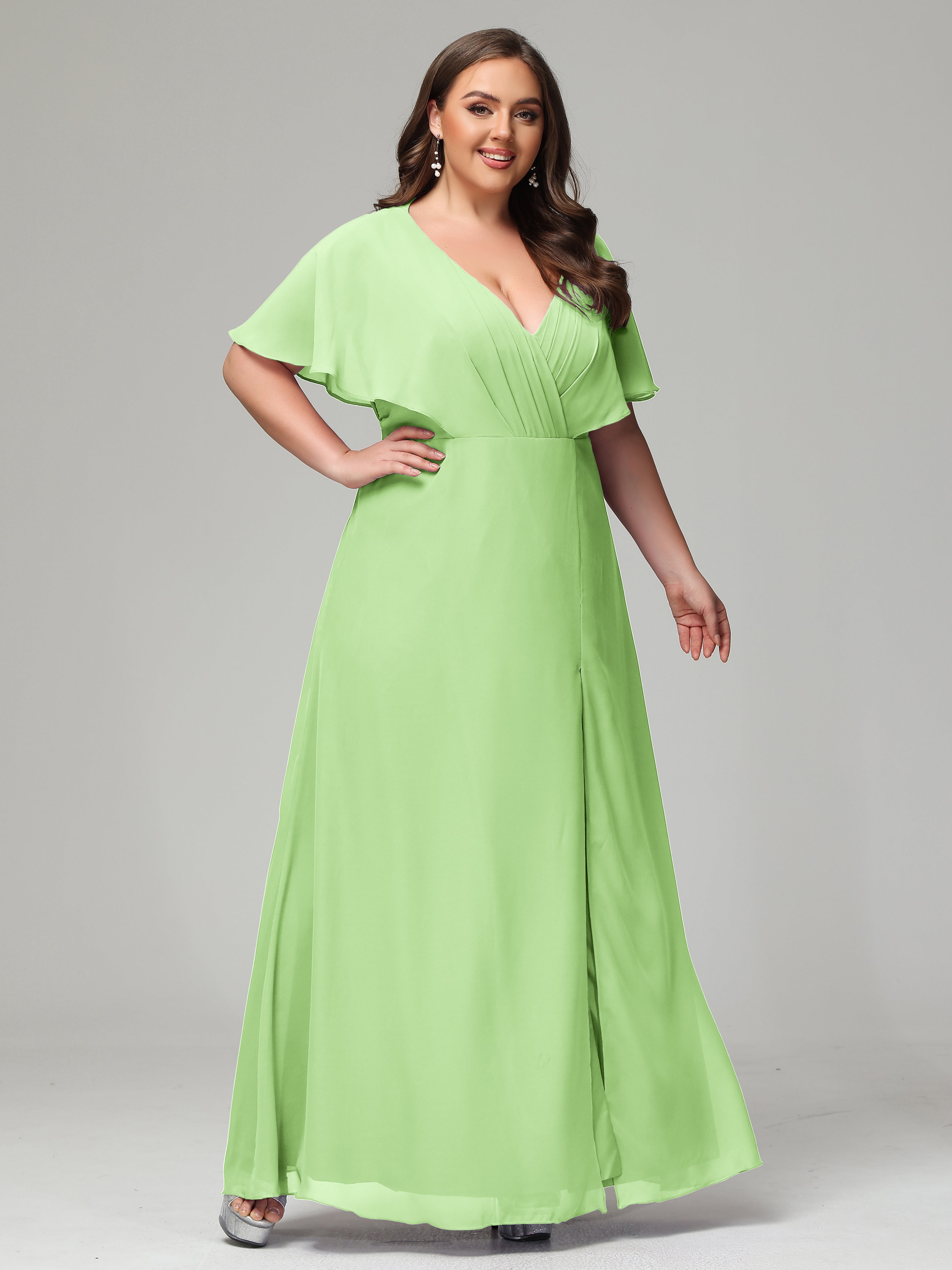 V-Neck Short Sleeves Plus Size Chiffon Bridesmaid Dresses