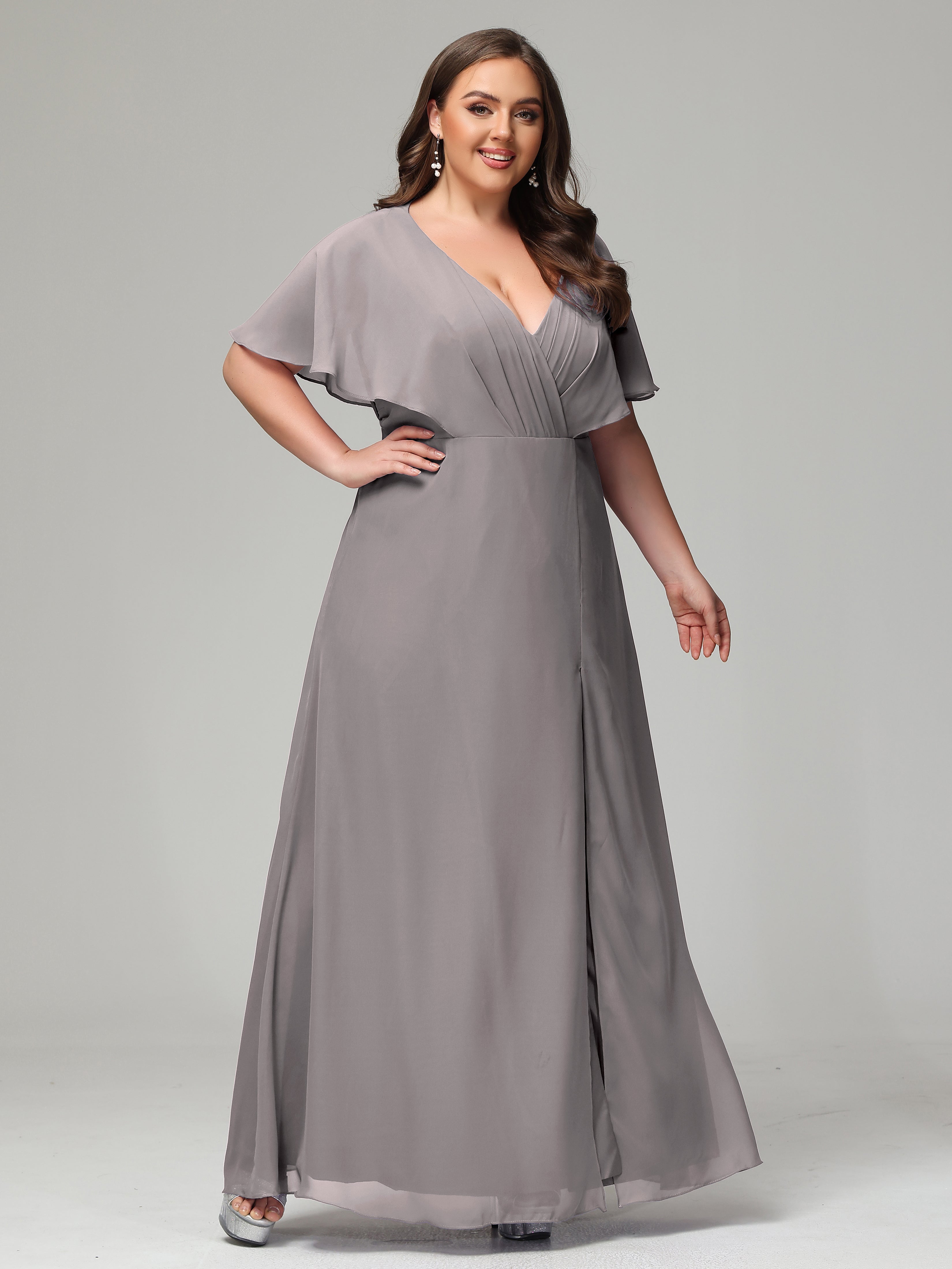 V-Neck Short Sleeves Plus Size Chiffon Bridesmaid Dresses