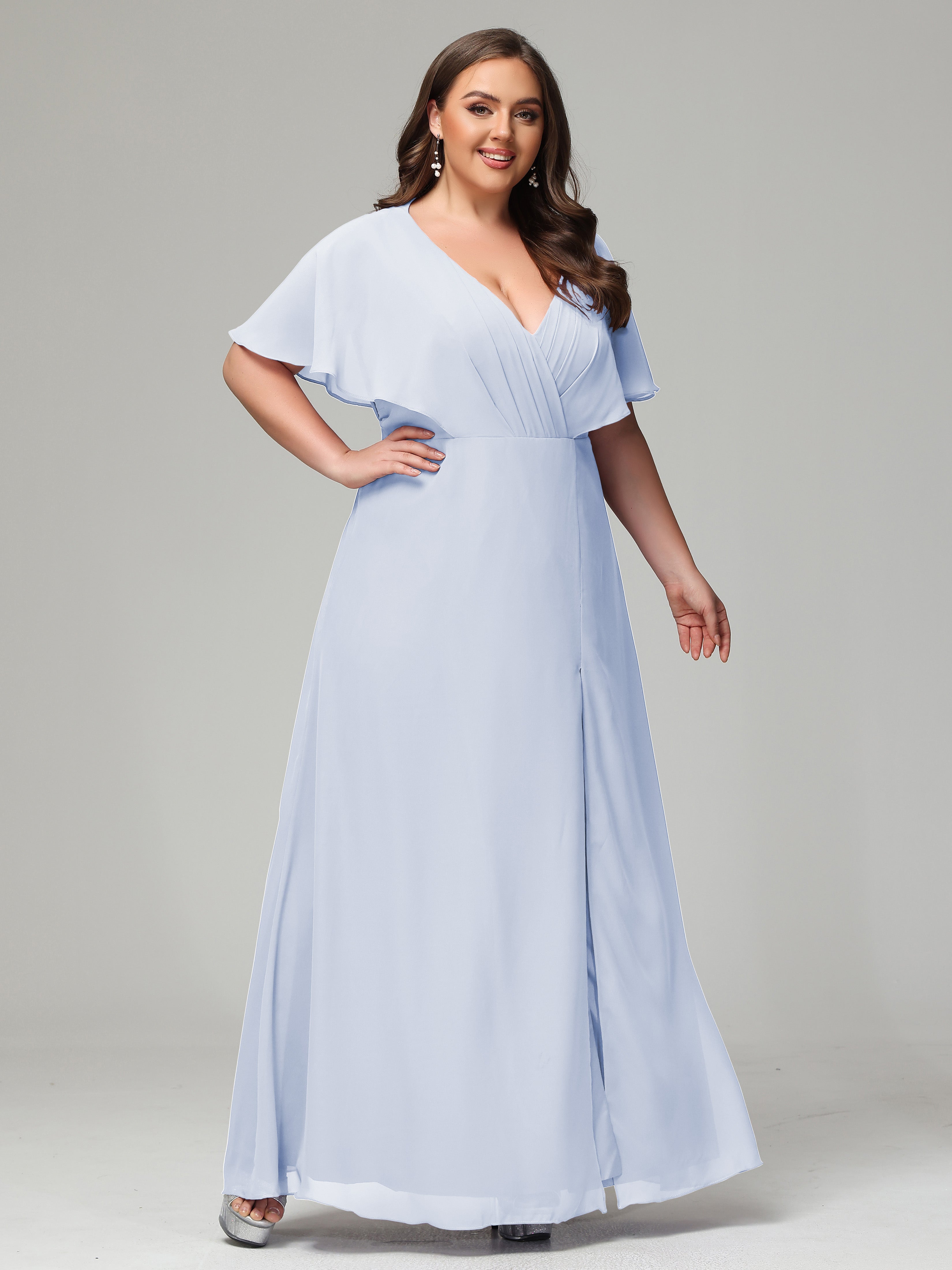 V-Neck Short Sleeves Plus Size Chiffon Bridesmaid Dresses