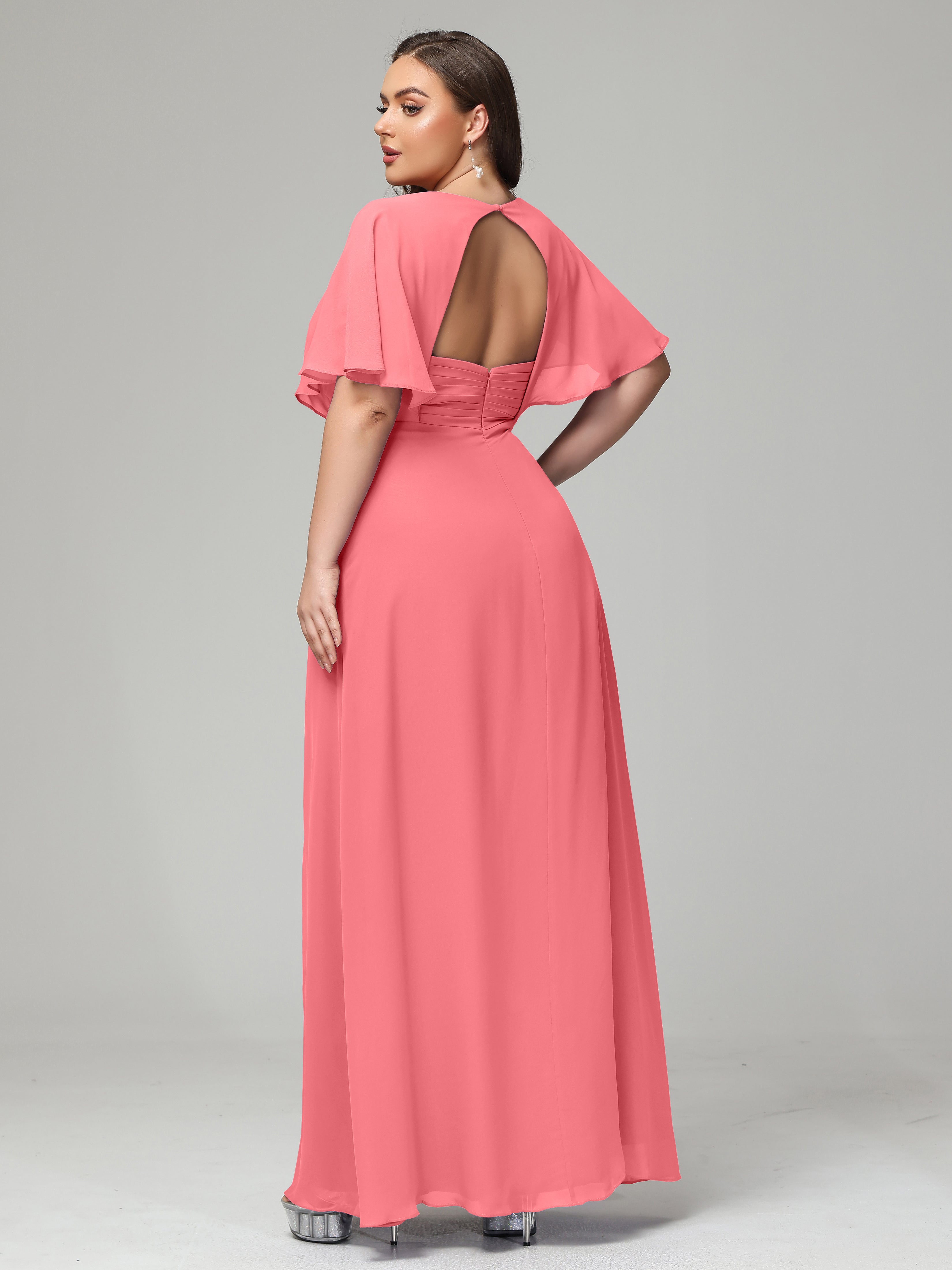 V-Neck Short Sleeves Plus Size Chiffon Bridesmaid Dresses