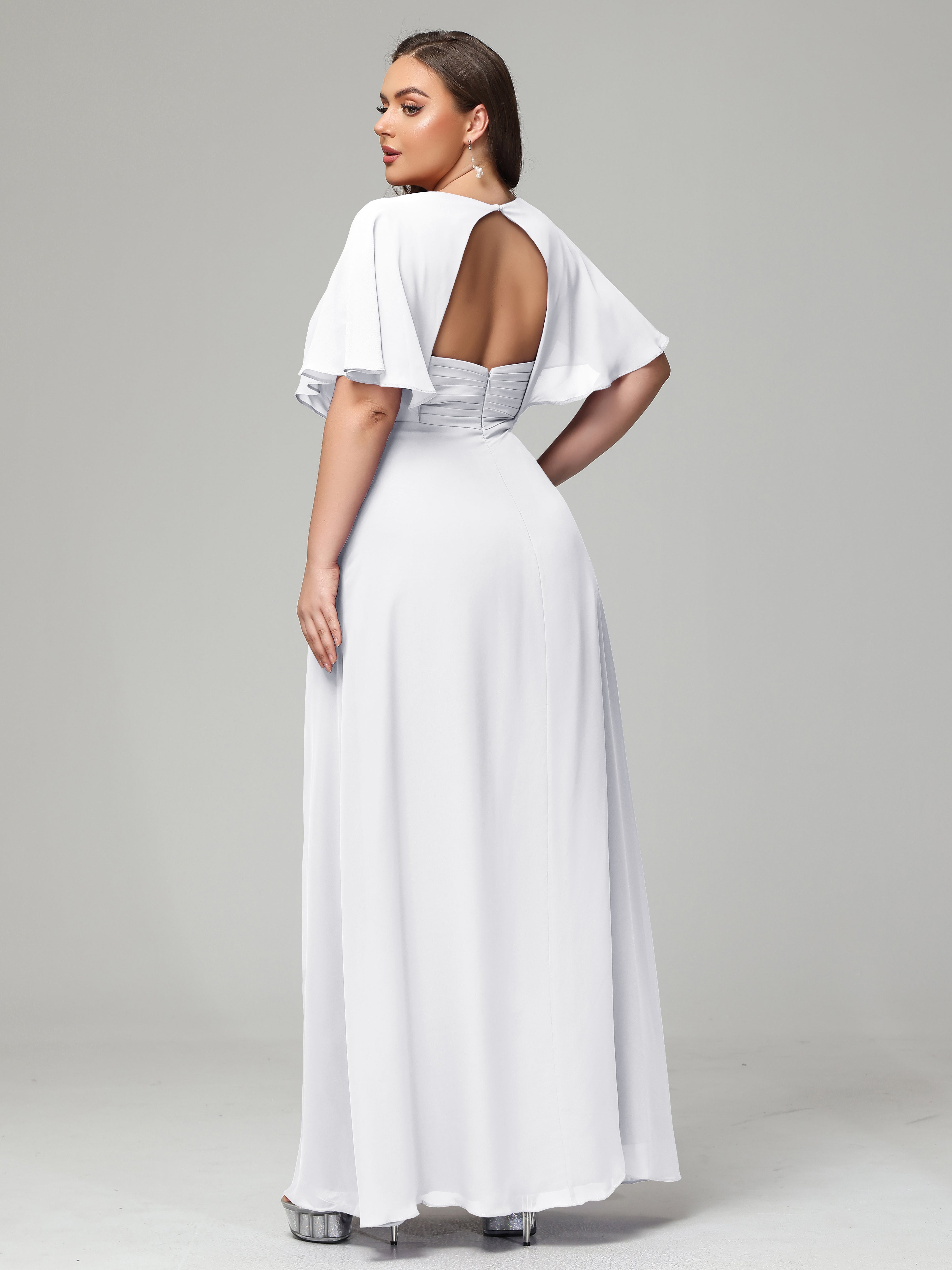 V-Neck Short Sleeves Plus Size Chiffon Bridesmaid Dresses