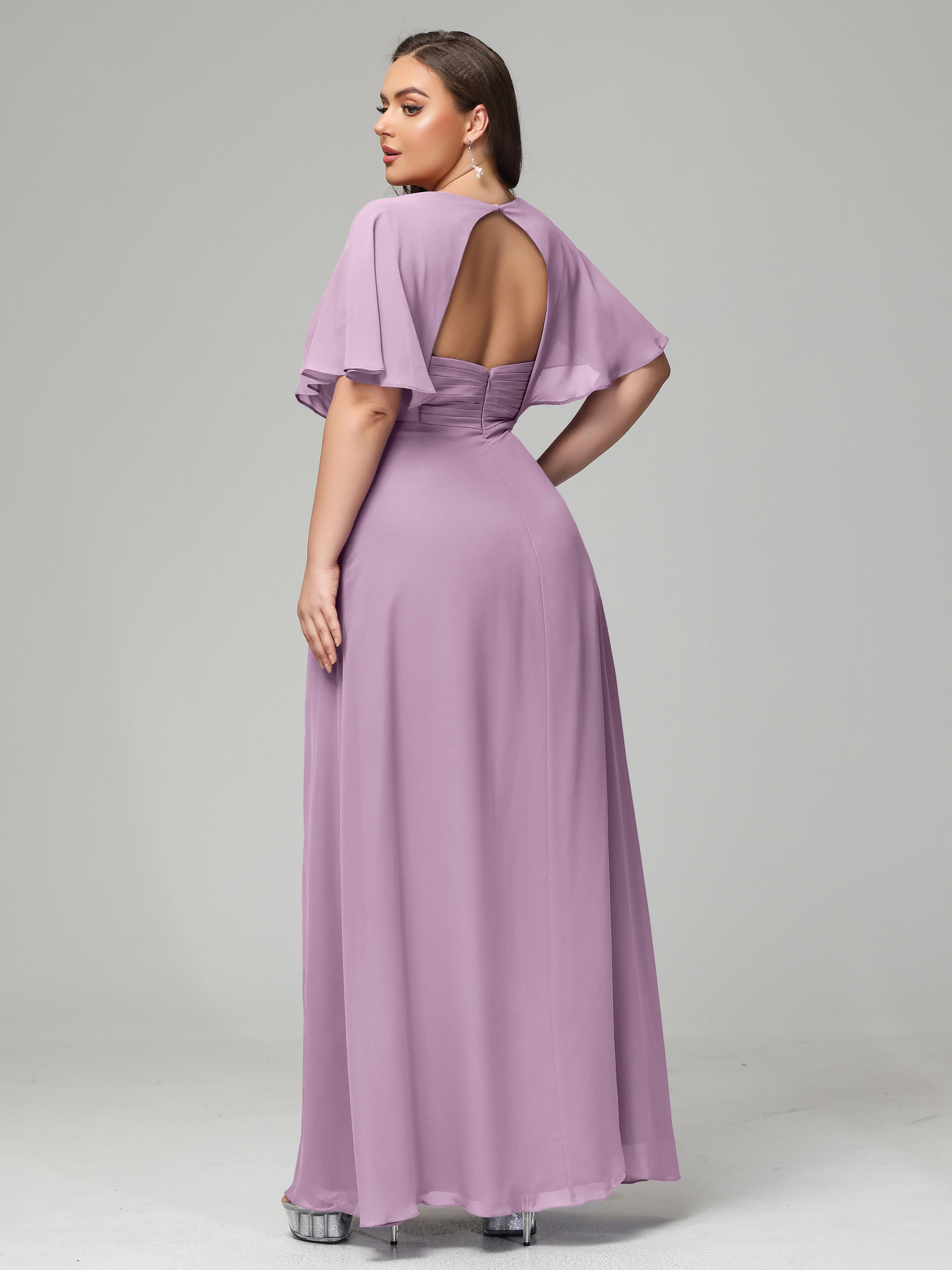 V-Neck Short Sleeves Plus Size Chiffon Bridesmaid Dresses