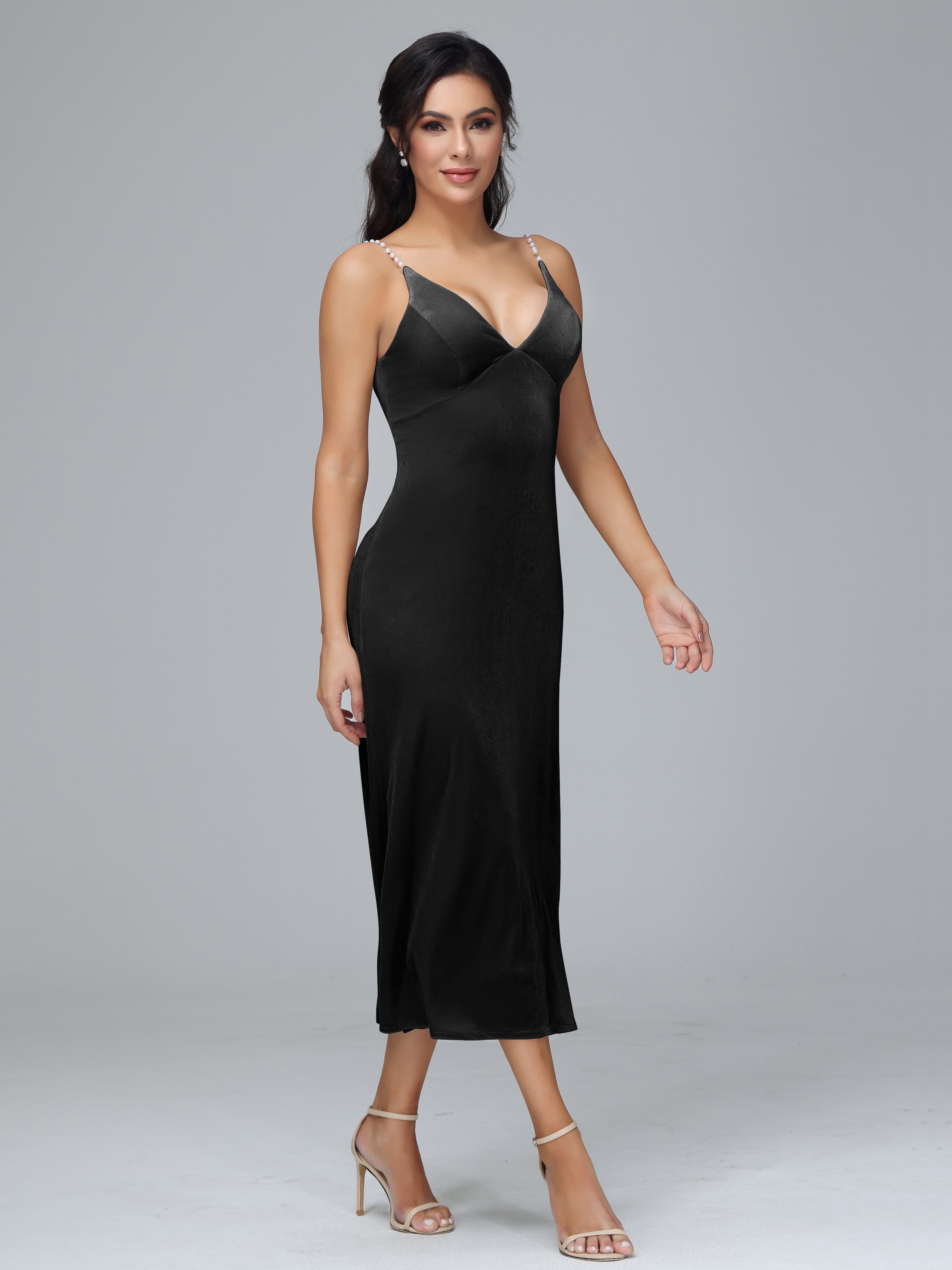 V Neck Spaghetti Straps Plus Size Velvet Bridesmaid Dress