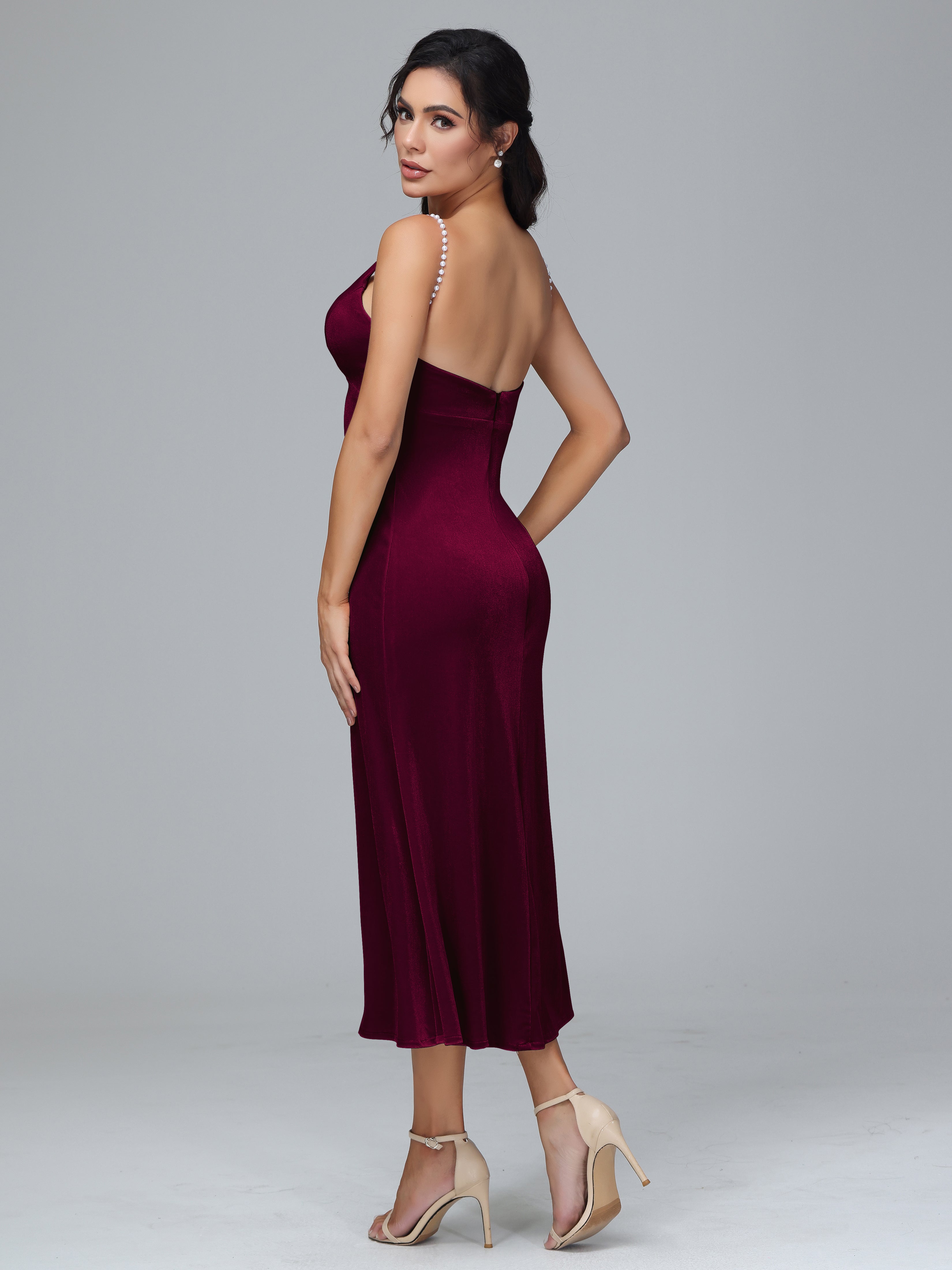 V Neck Spaghetti Straps Velvet Bridesmaid Dress