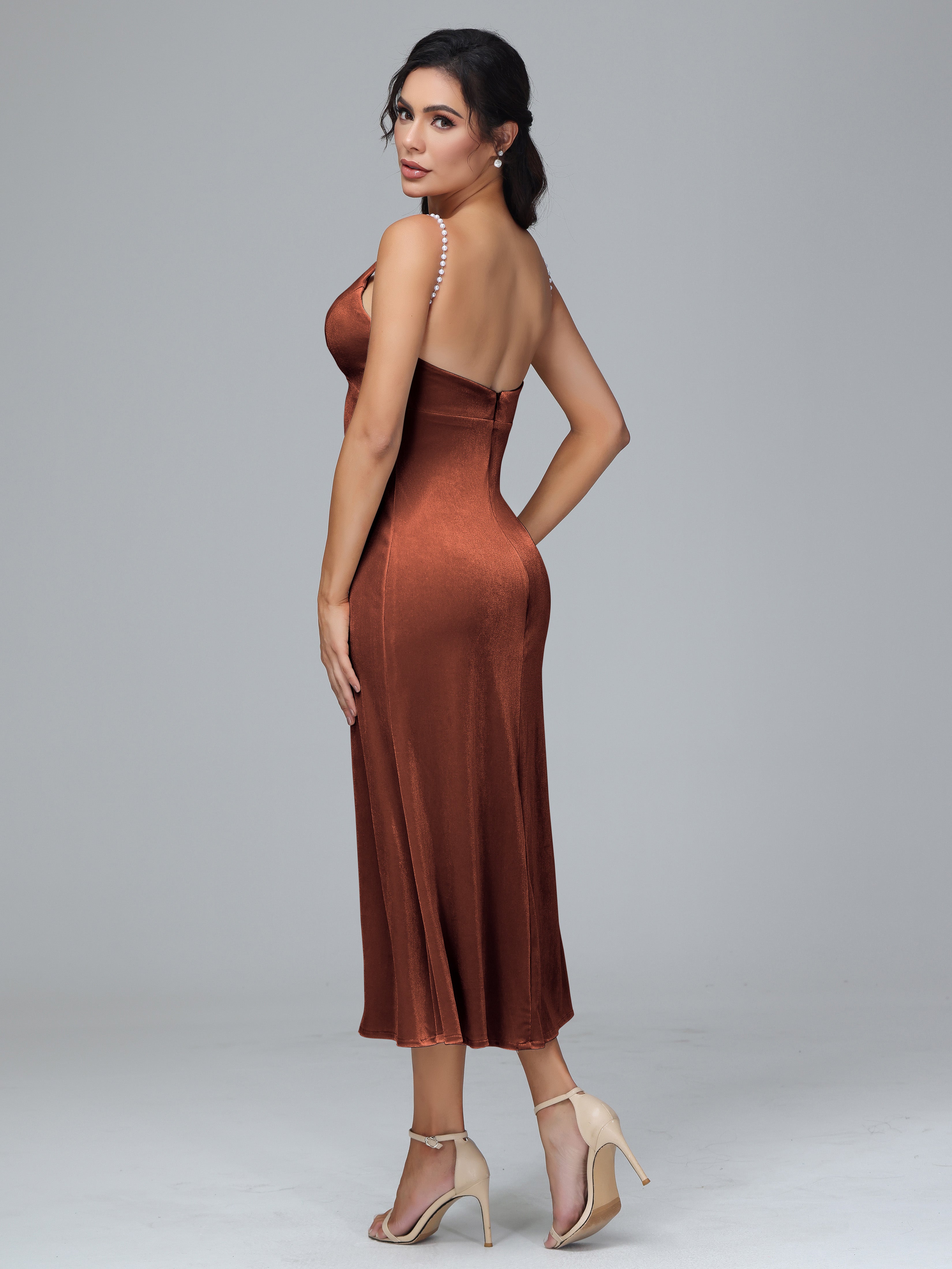 V Neck Spaghetti Straps Velvet Bridesmaid Dress