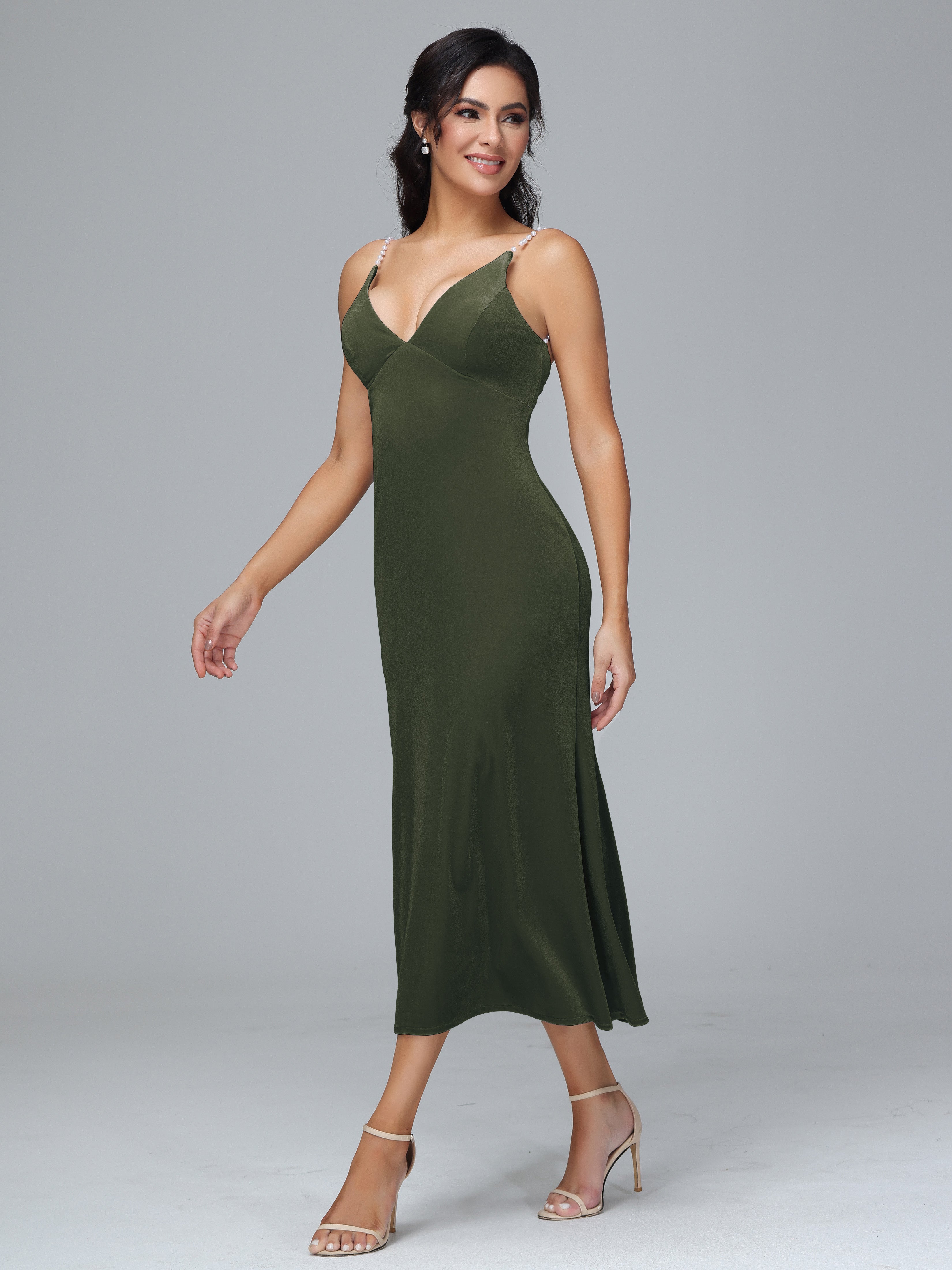 V Neck Spaghetti Straps Velvet Bridesmaid Dress