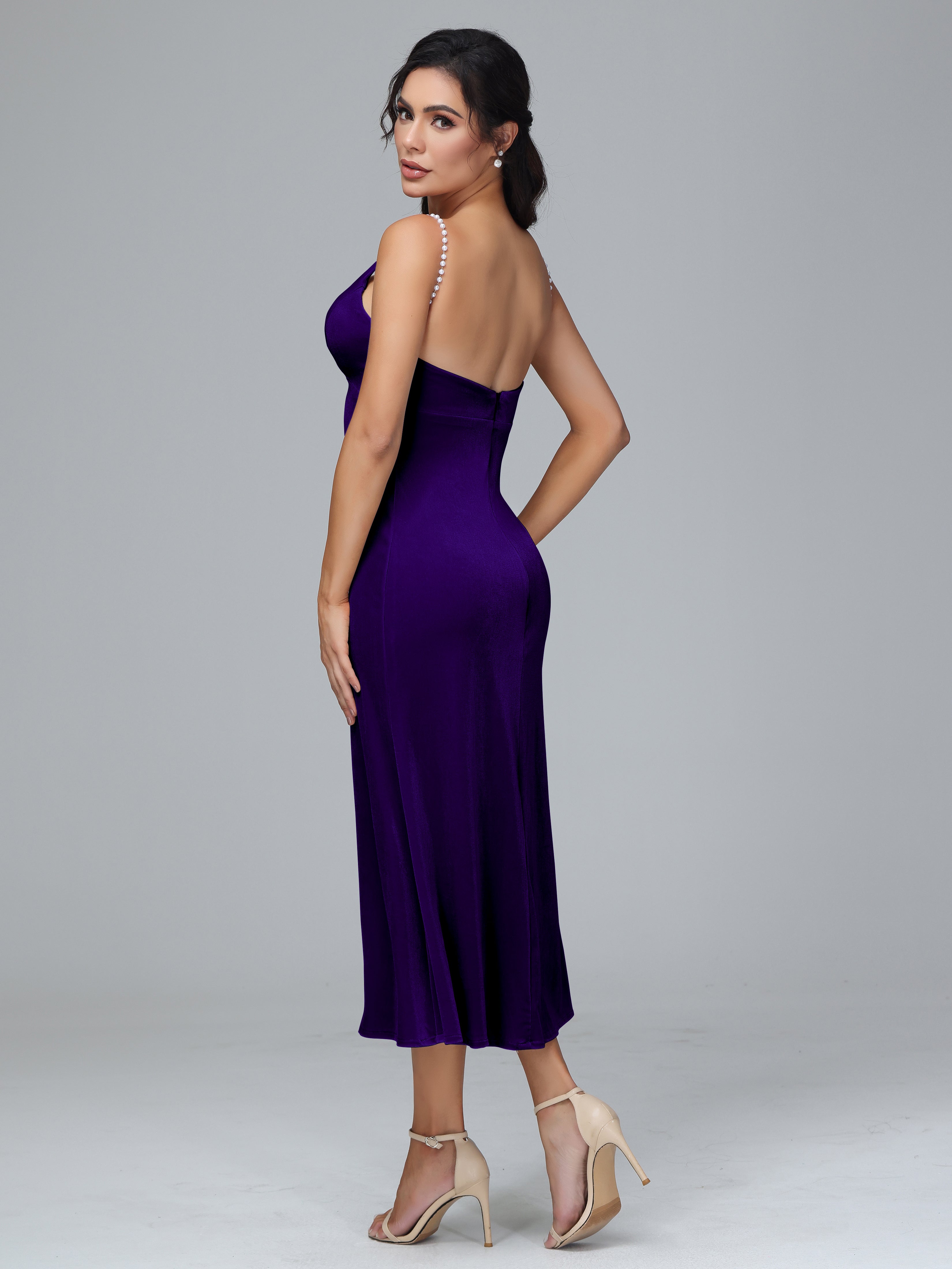 V Neck Spaghetti Straps Velvet Bridesmaid Dress