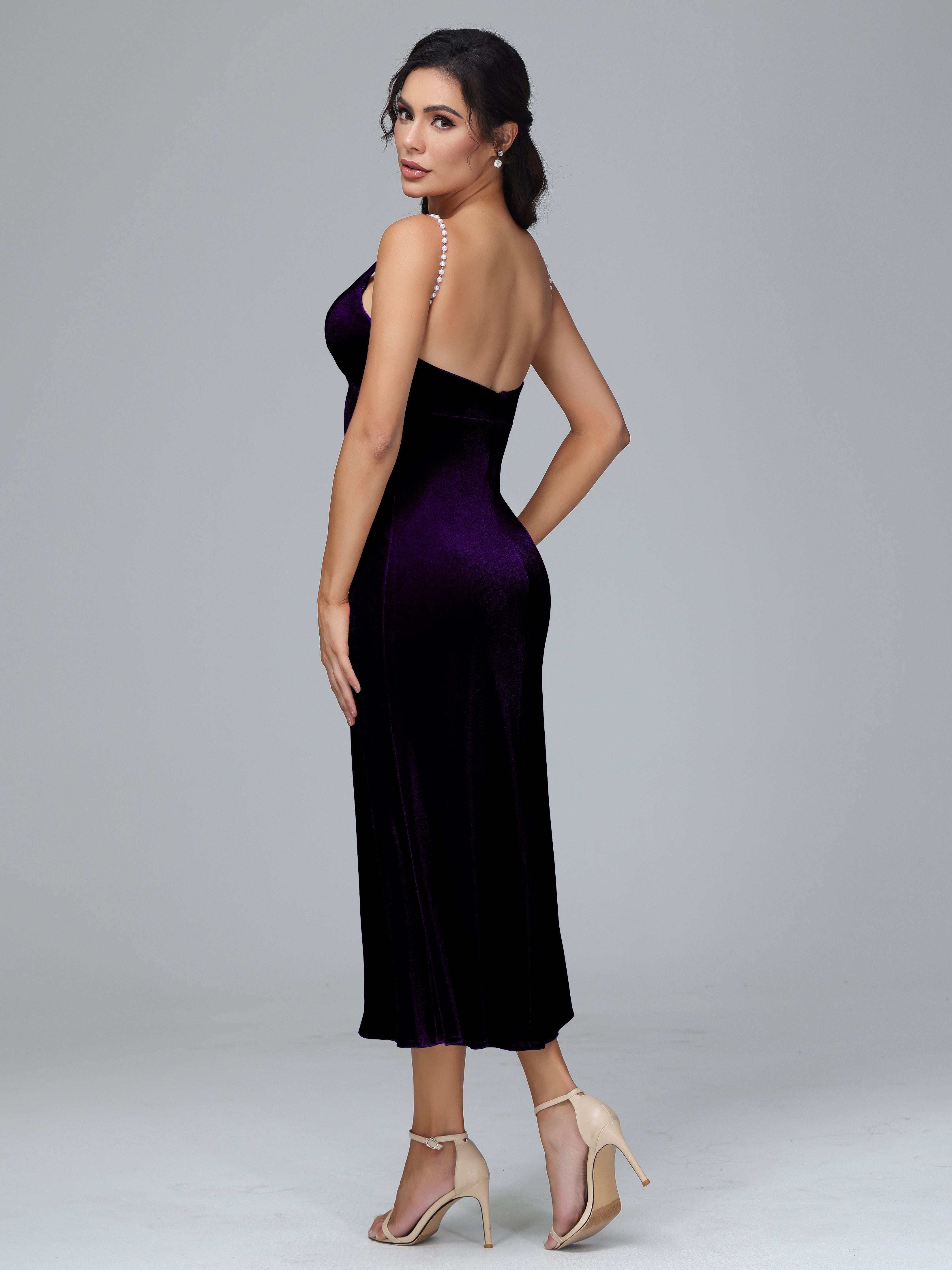 V Neck Spaghetti Straps Velvet Bridesmaid Dress