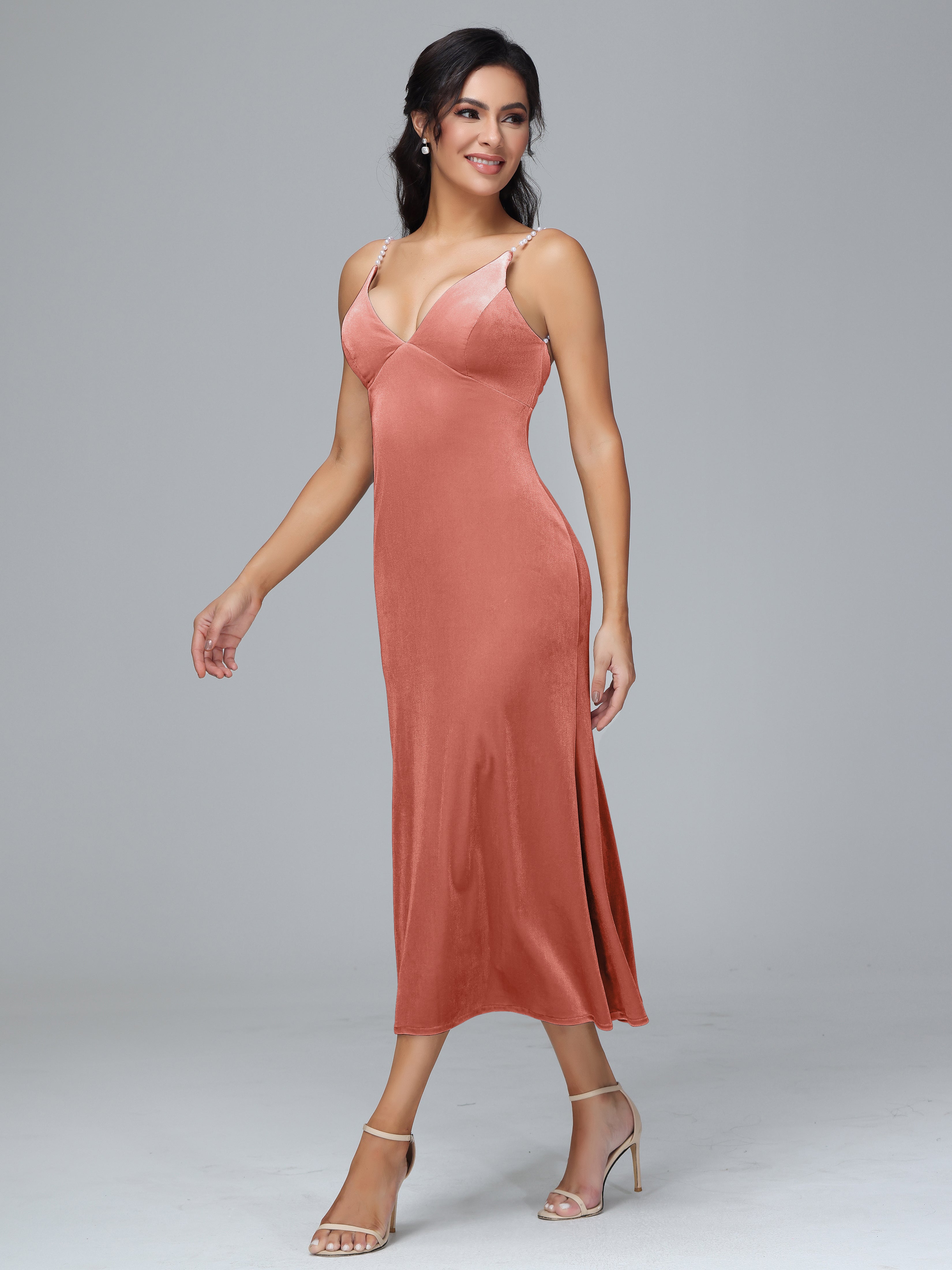 V Neck Spaghetti Straps Velvet Bridesmaid Dress