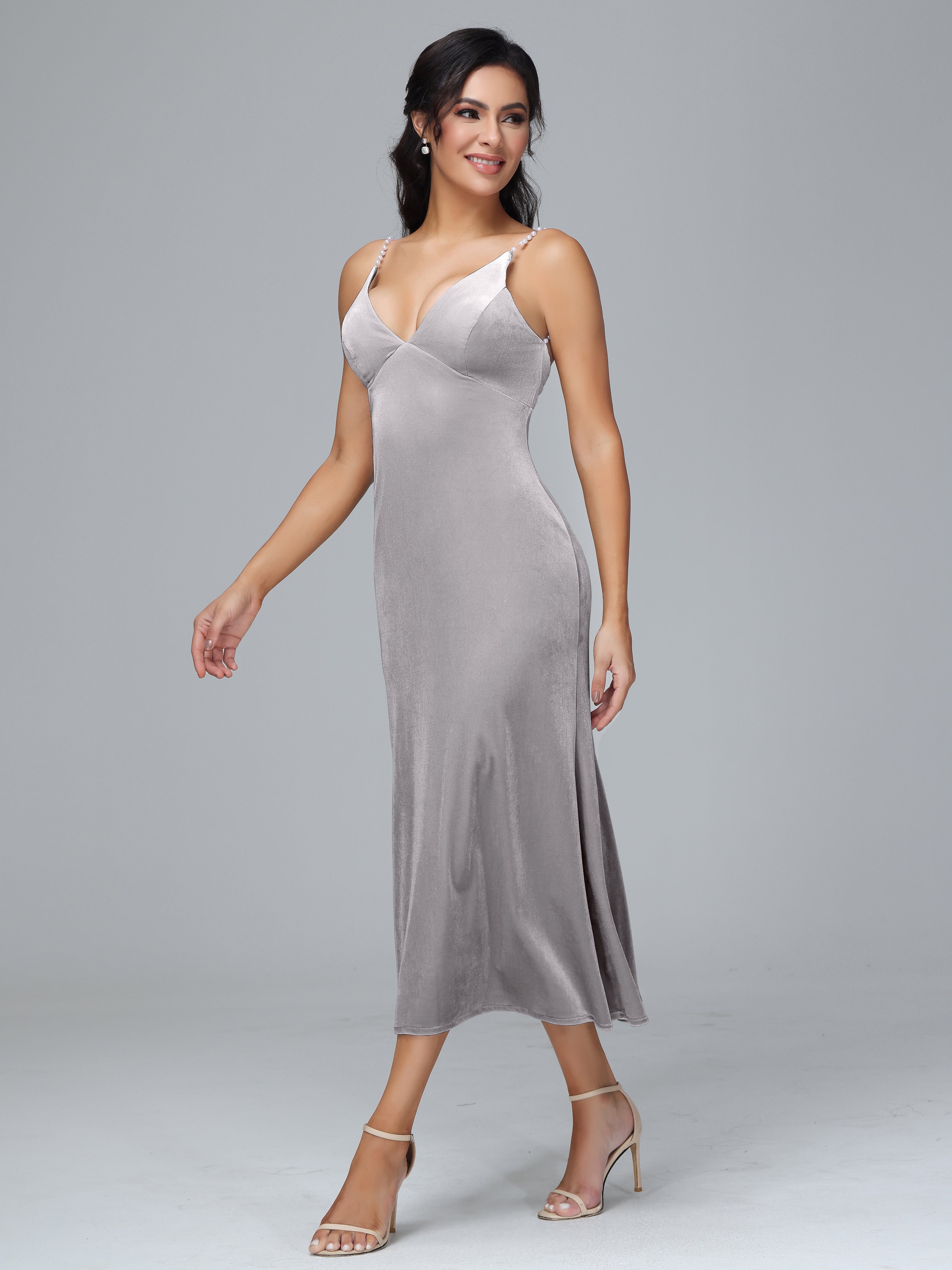 V Neck Spaghetti Straps Plus Size Velvet Bridesmaid Dress