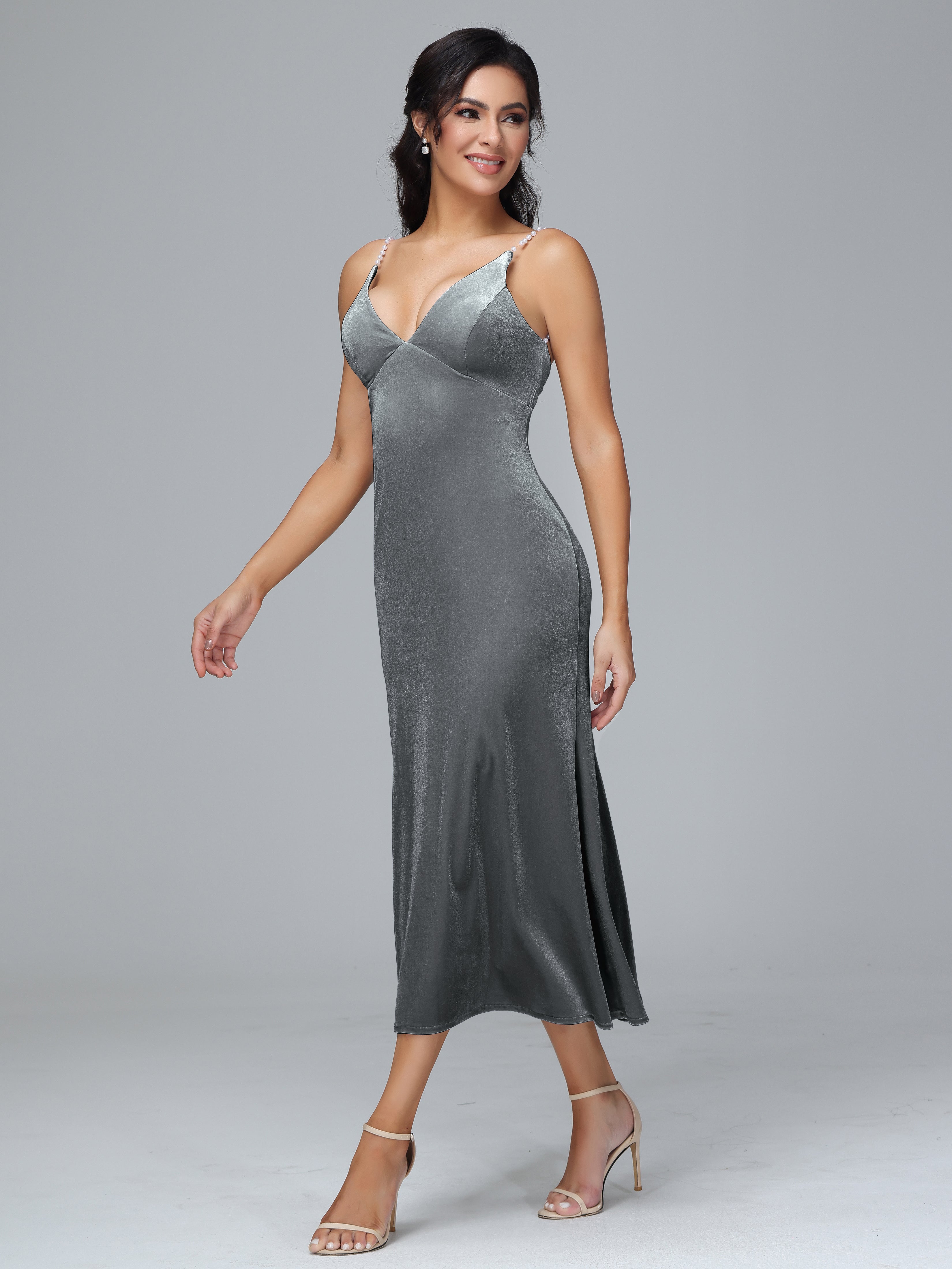 V Neck Spaghetti Straps Velvet Bridesmaid Dress