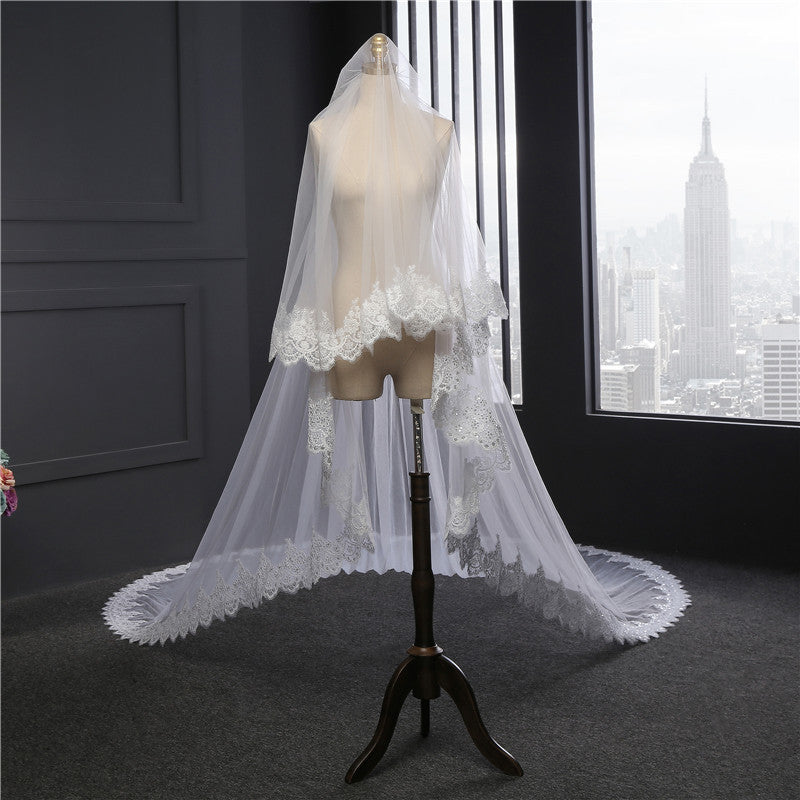 Wedding Veil Two-Tier Lace Edge Tulle Cathedral Veils Appliques TS9001