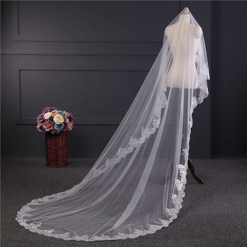 Wedding Veil One-Tier Tulle Lace Edge Chapel Veils Sequins Appliques T