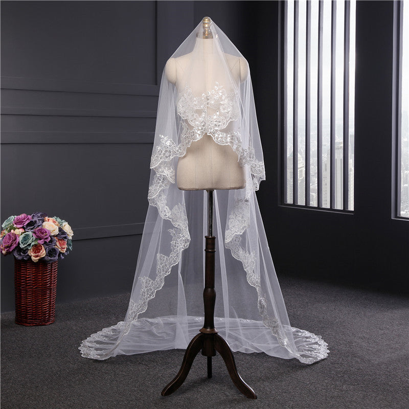 Wedding Veil One-Tier Tulle Lace Edge Chapel Veils Sequins Appliques TS91048