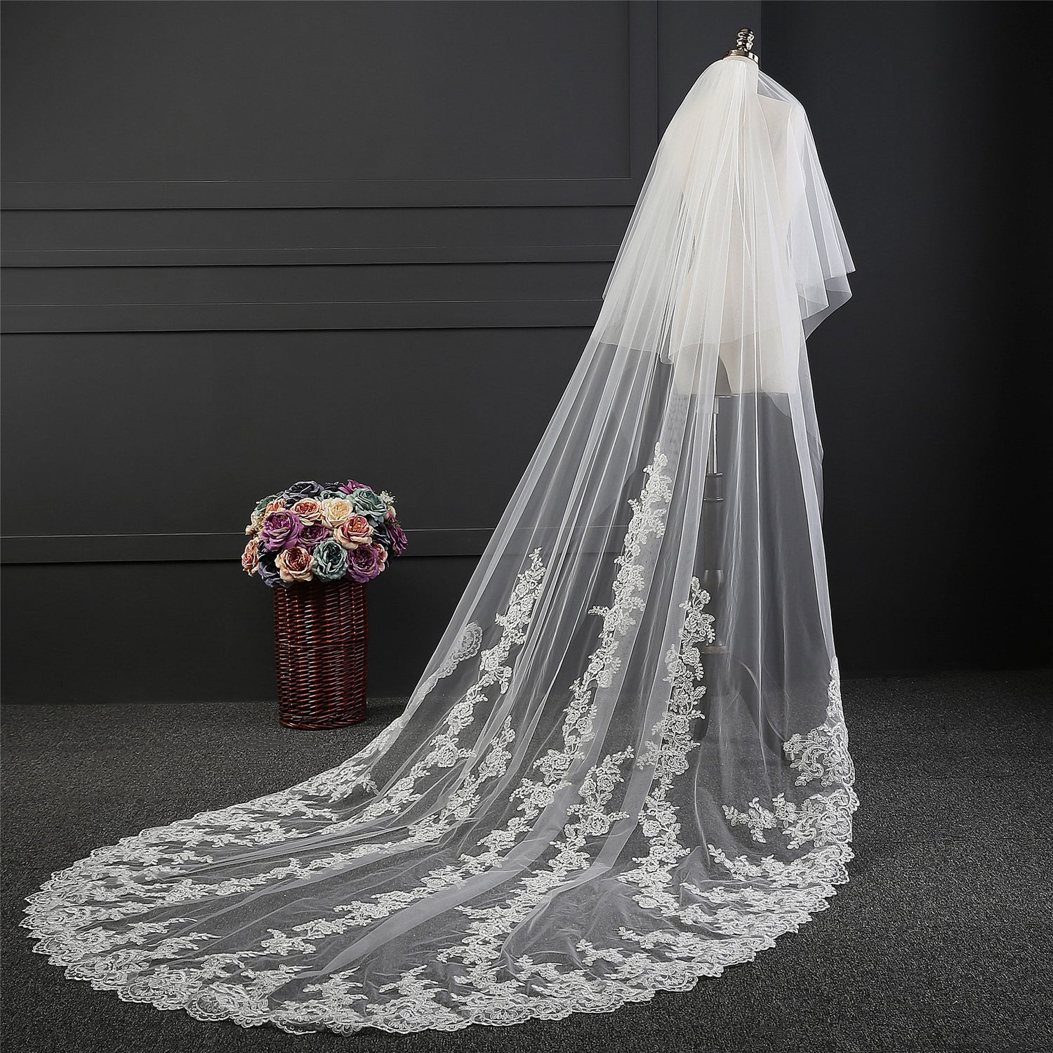 Lace wedding Veil FN-060, 118 inches bridal veil, Tulle Cathedral length,  Veil with comb, One tier veil, Bundle veil