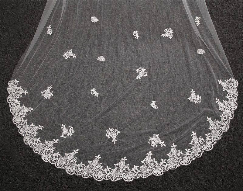 Wedding Veil Two-Tier Lace Edge Tulle Cathedral Veils Appliques TS9008