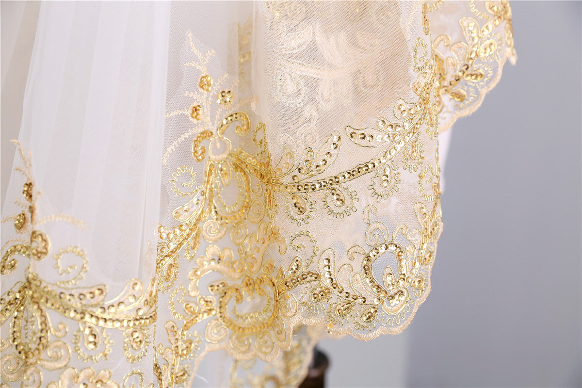 Wedding Veil Two-Tier Tulle Lace Edge Cathedral Veils Golden Appliques TS91023