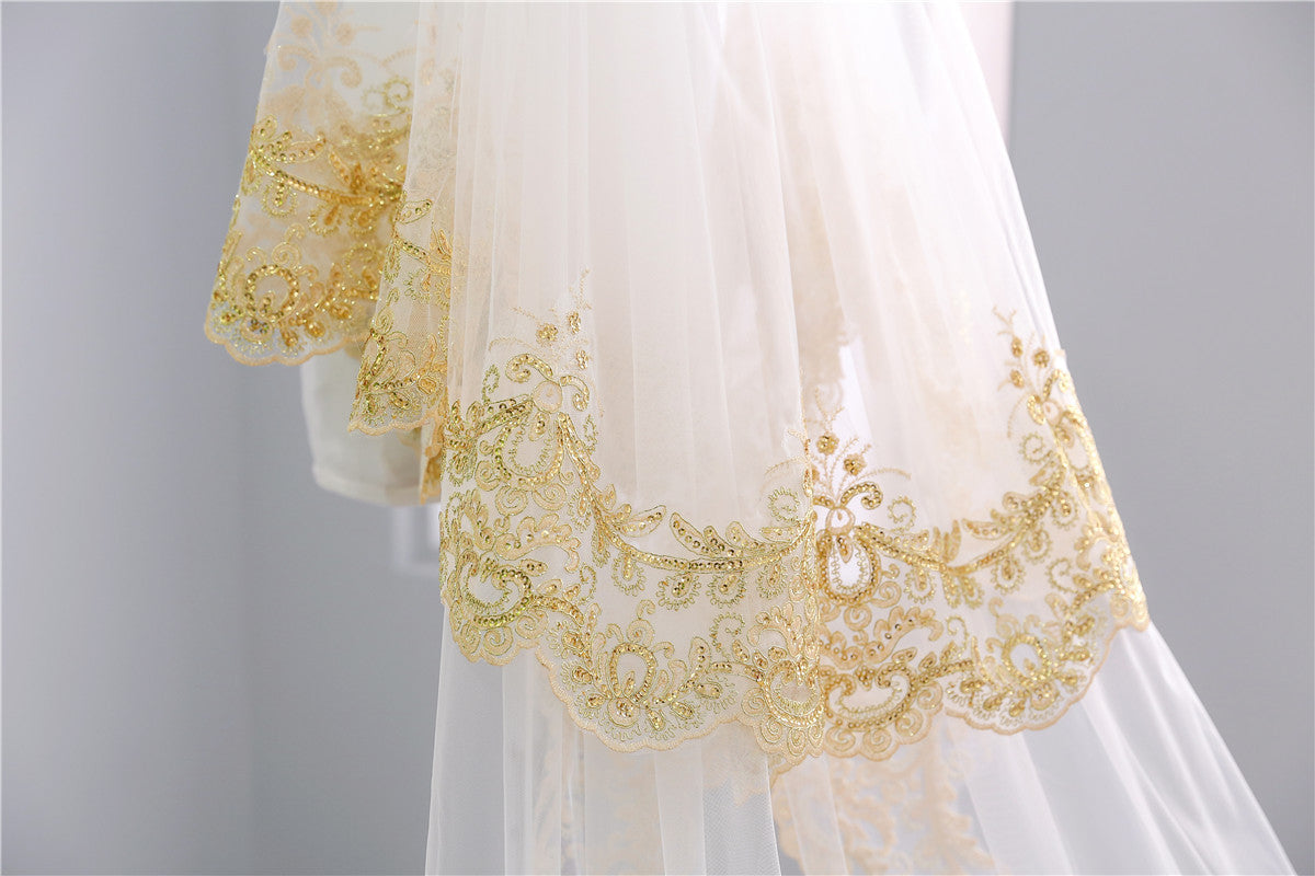 Wedding Veil Two-Tier Tulle Lace Edge Cathedral Veils Golden Appliques TS91023