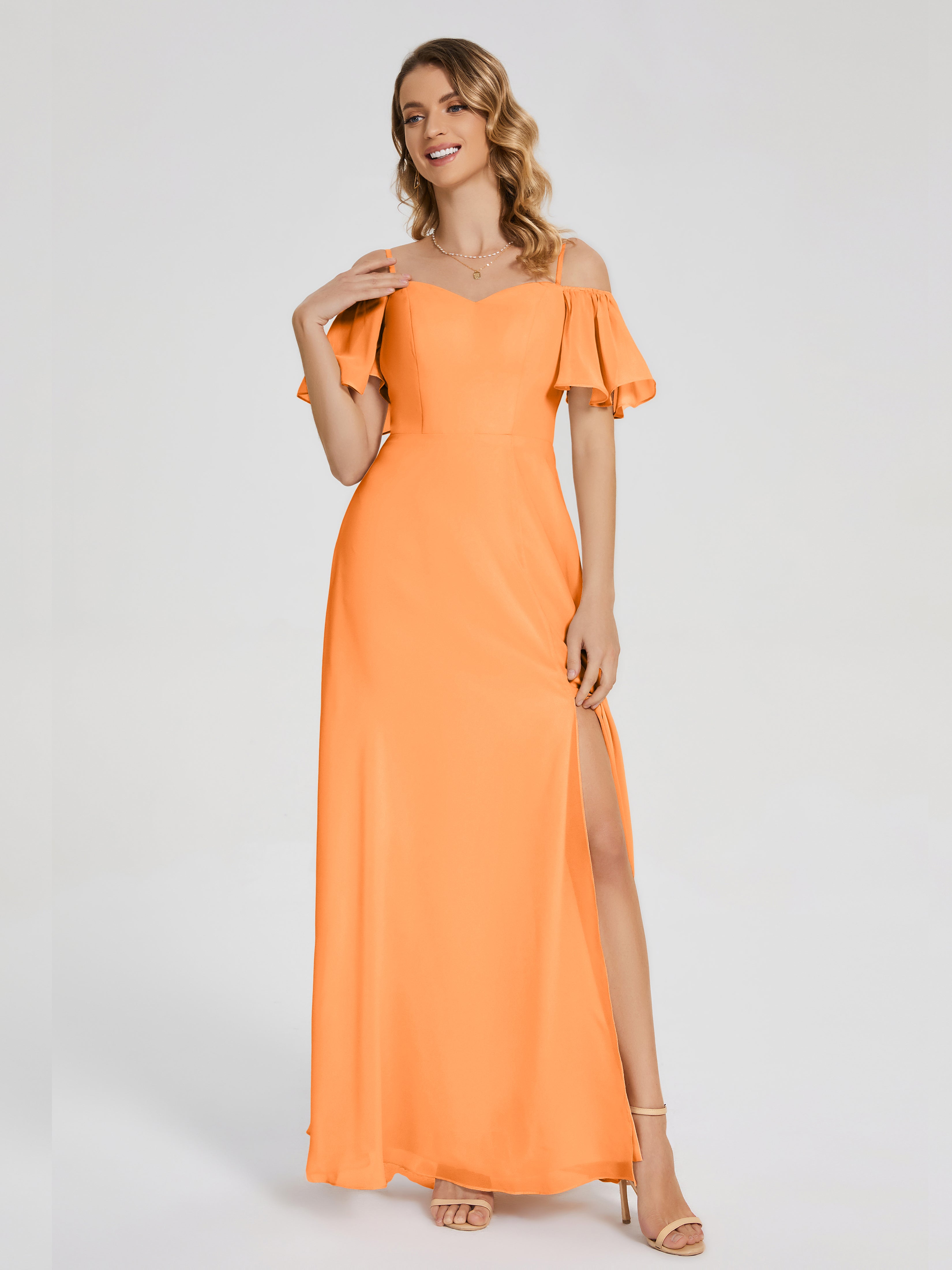 Adelaide A-line Off the Shoulder Chiffon Bridesmaid Dress with Silt