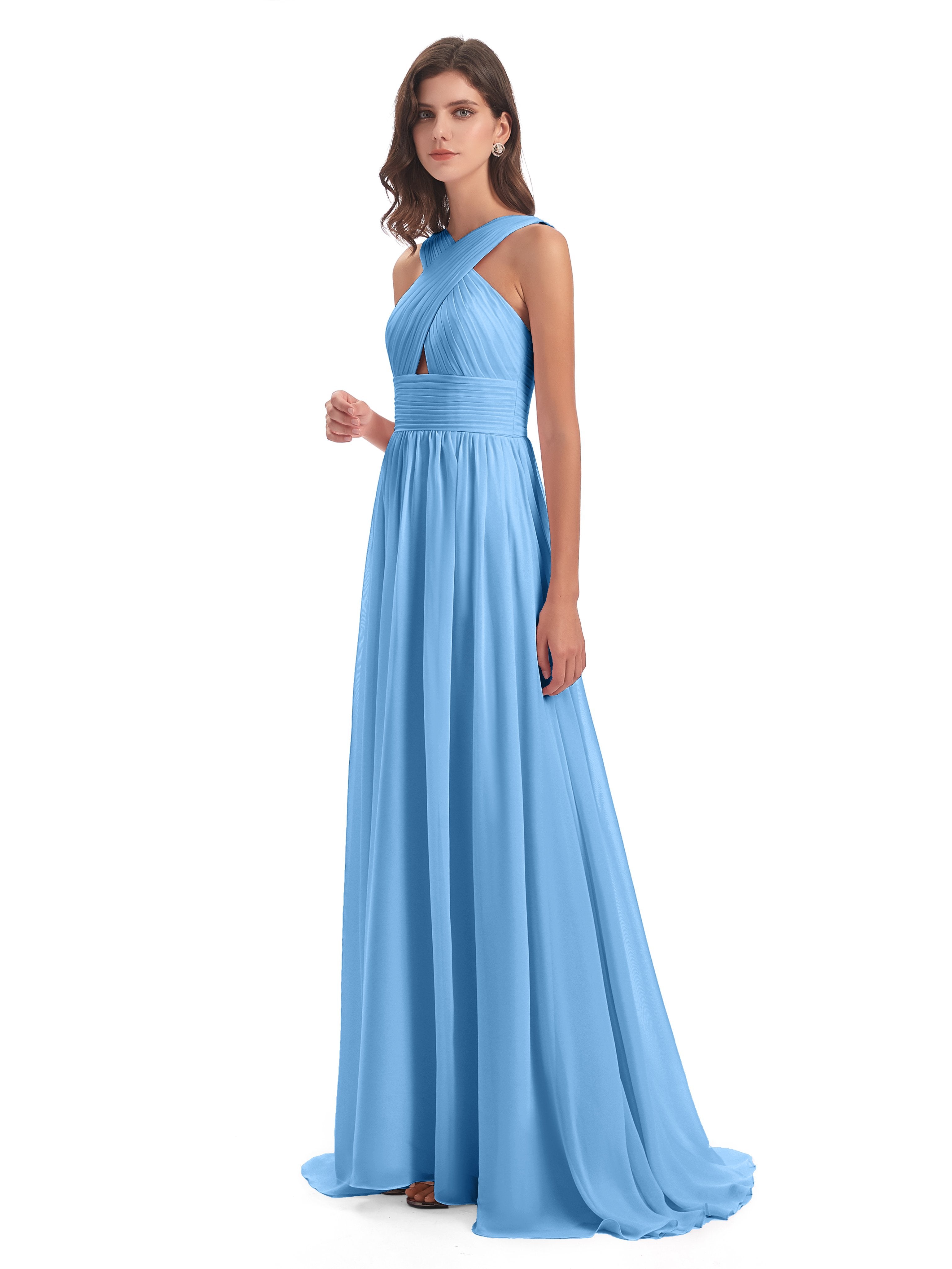 Desiree A-line Sweep Train Chiffon Long Bridesmaid Dresses