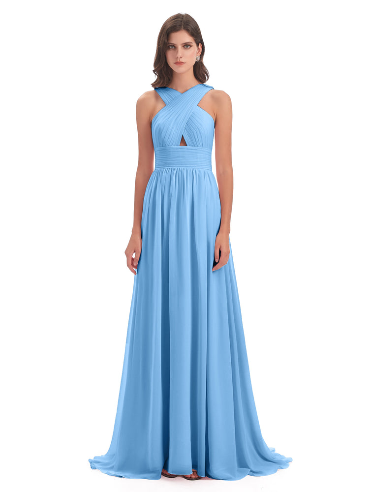 Desiree A-line Sweep Train Chiffon Long Bridesmaid Dresses