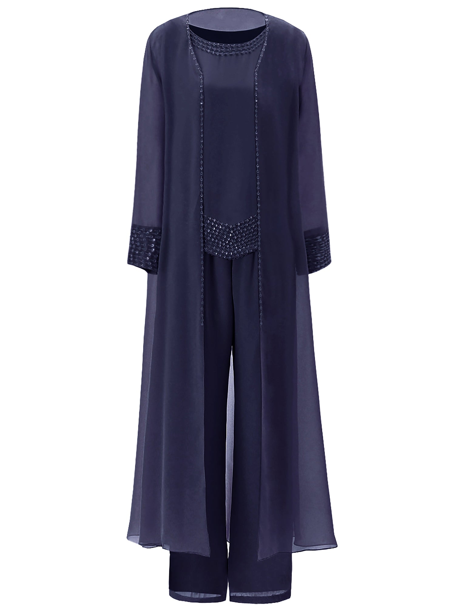 Elegant Dark Navy Chiffon 3-Piece Pants Suit Set for Mothers with Sequins  Tassel - Ideal for Weddings & Parties