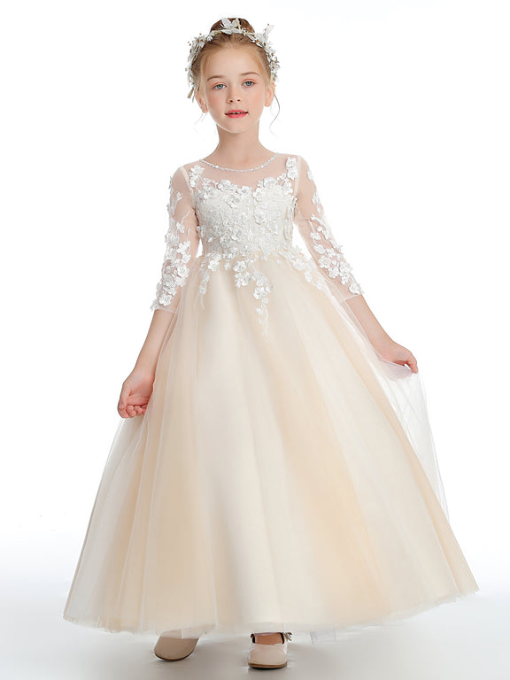 Half Sleeves Lace Appliques Tulle Flower Girl Dress 2440