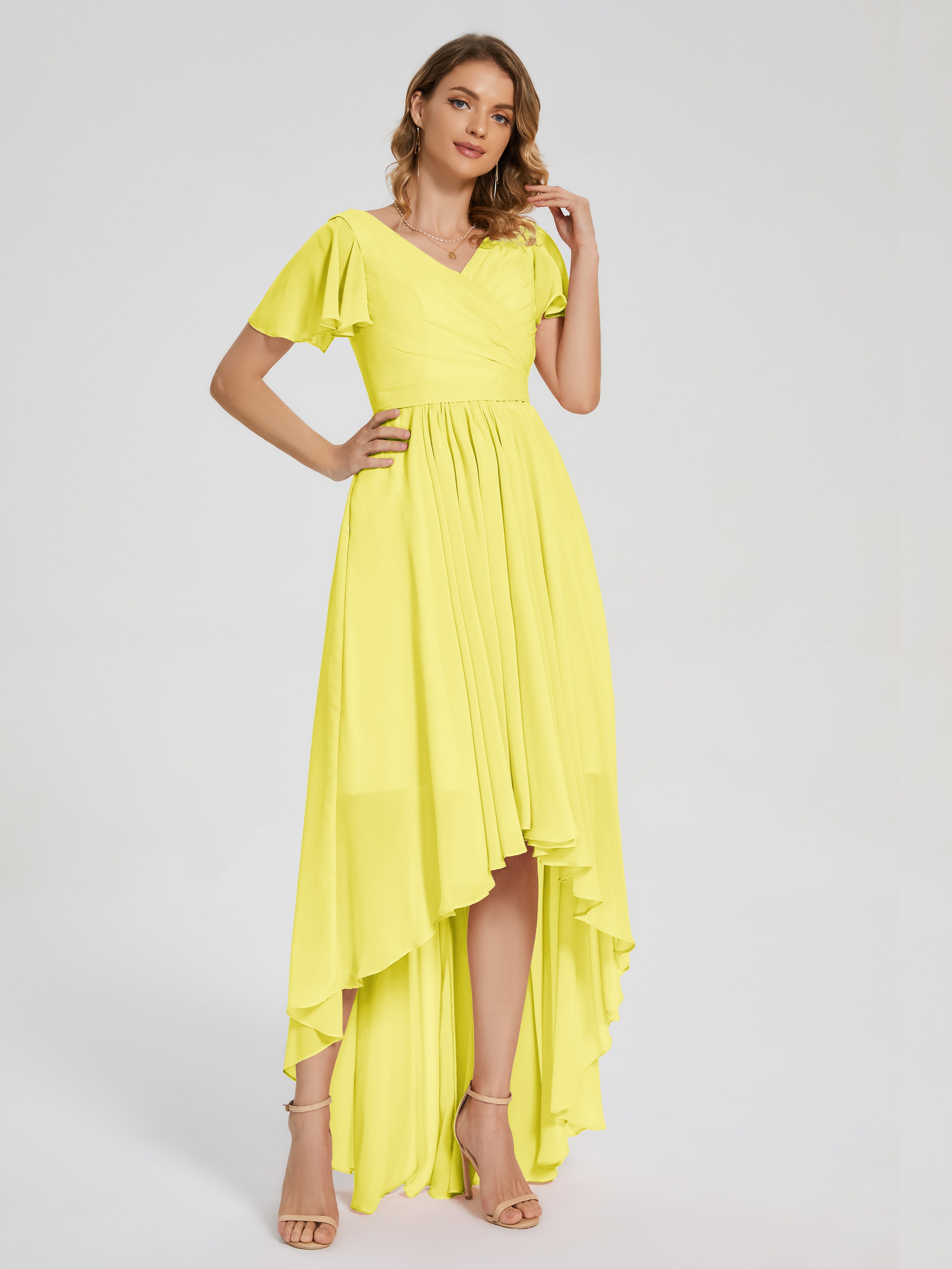 Evangeline High Low Short Sleeves Chiffon Bridesmaid Dress