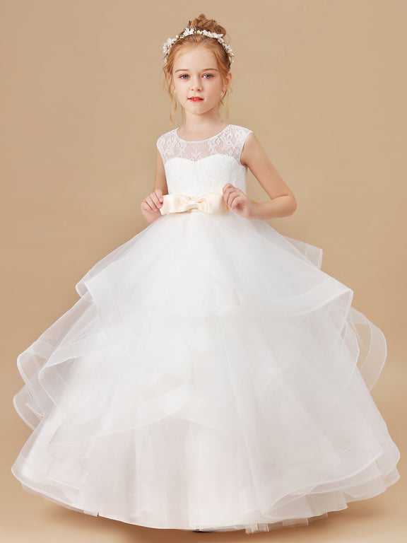 Multi-layered Tulle Ruffled Satin Flower Girl Dresses with Bow-Knot