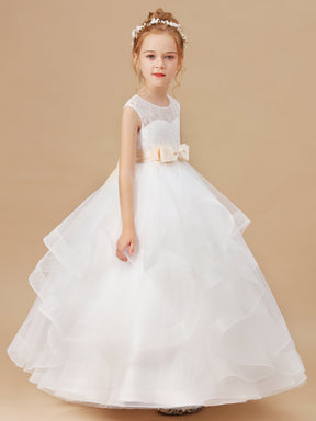 Multi-layered Tulle Ruffled Satin Flower Girl Dresses with Bow-Knot