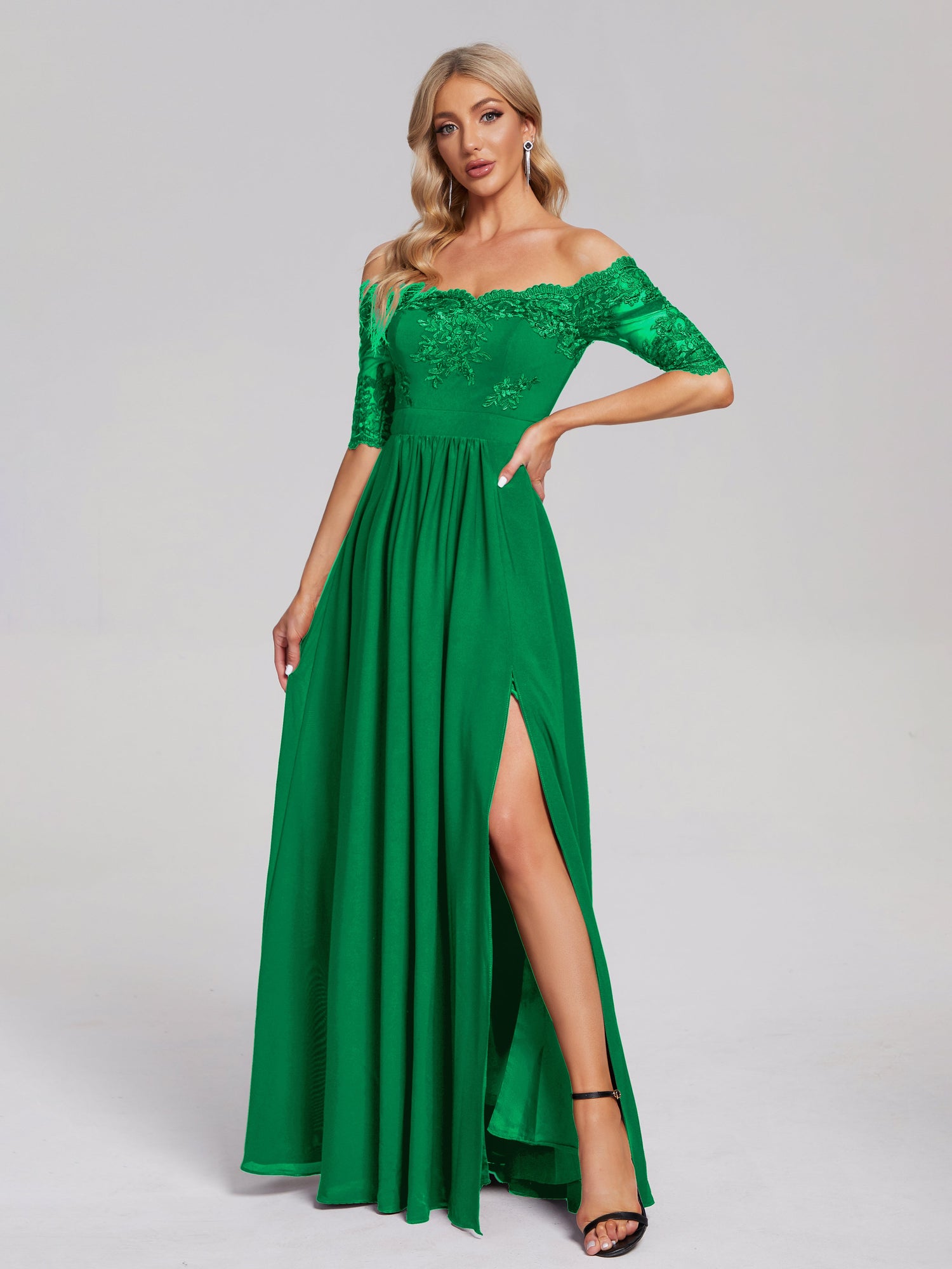 Off Shoulder Emerald Green Lace Long Sleeves Chiffon Bridesmaid Dresses  DTB240 –