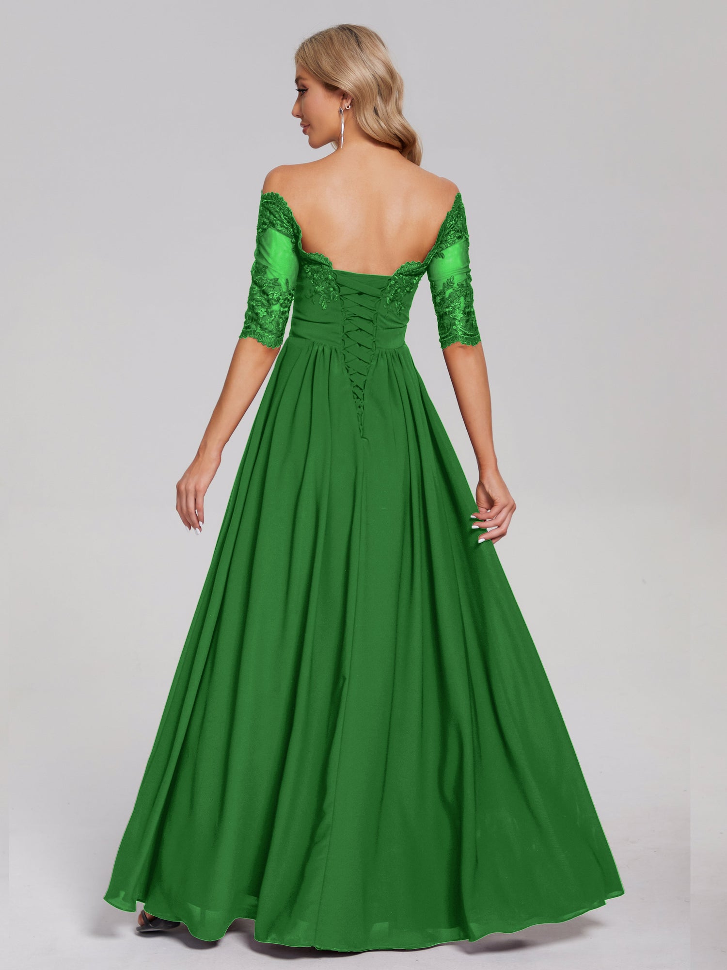Green Off Shoulder Lace Appliques Prom Dresses MP735