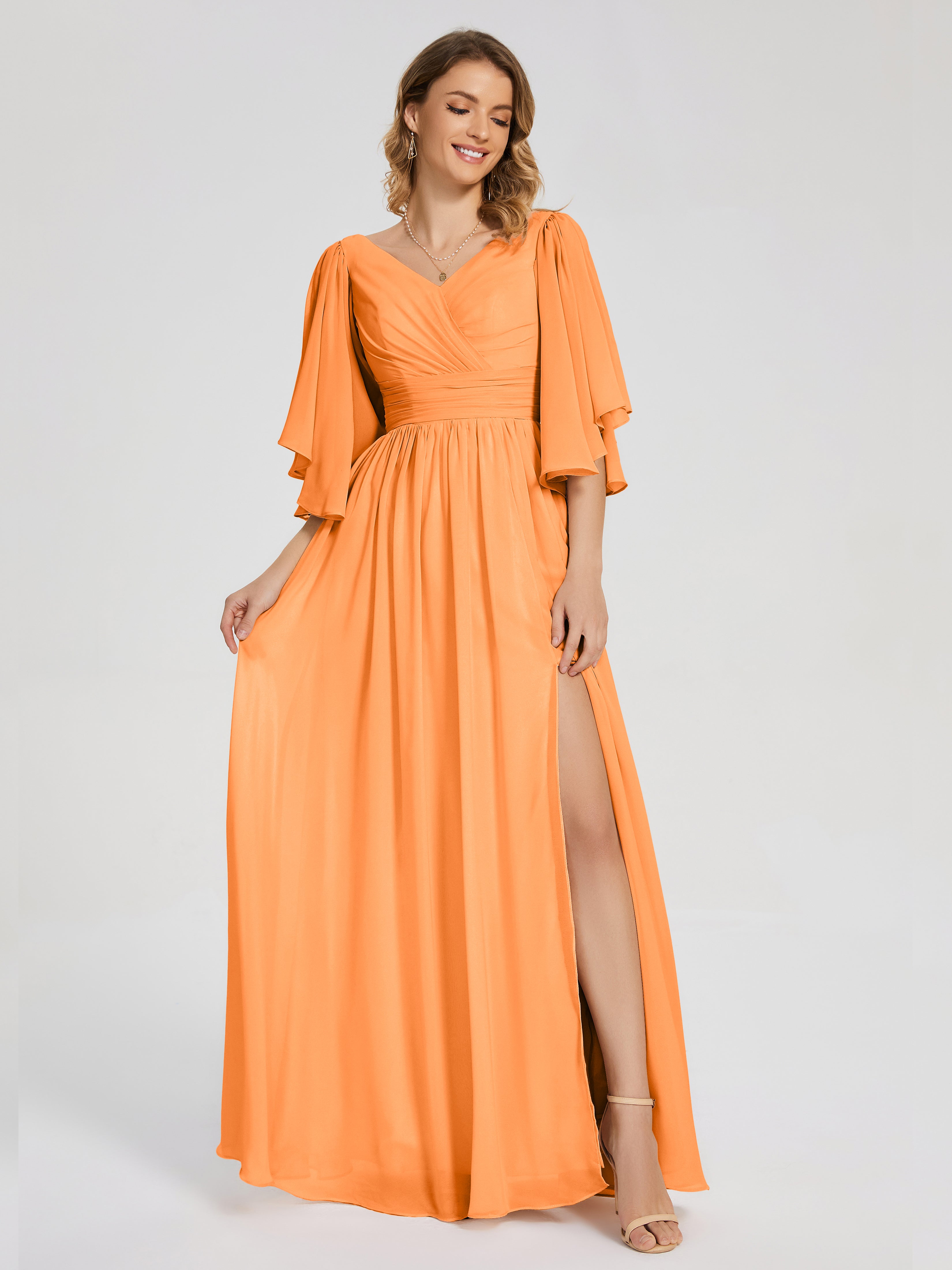 Giselle V-neck Half Sleeves Slit Bridesmaid Dress