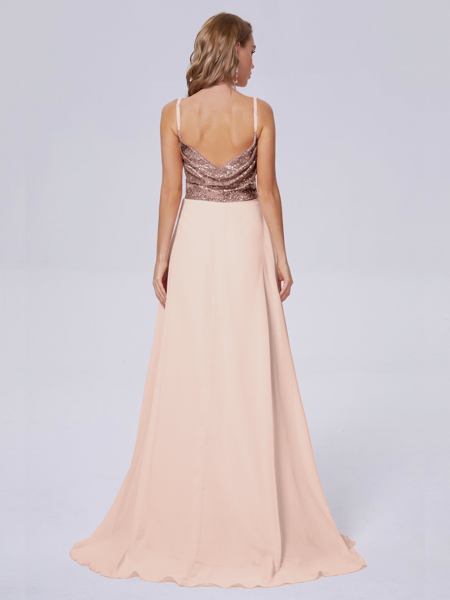 Peach Satin Split Bridesmaid Dresses Sequins Off The Shoulder – Lisposa