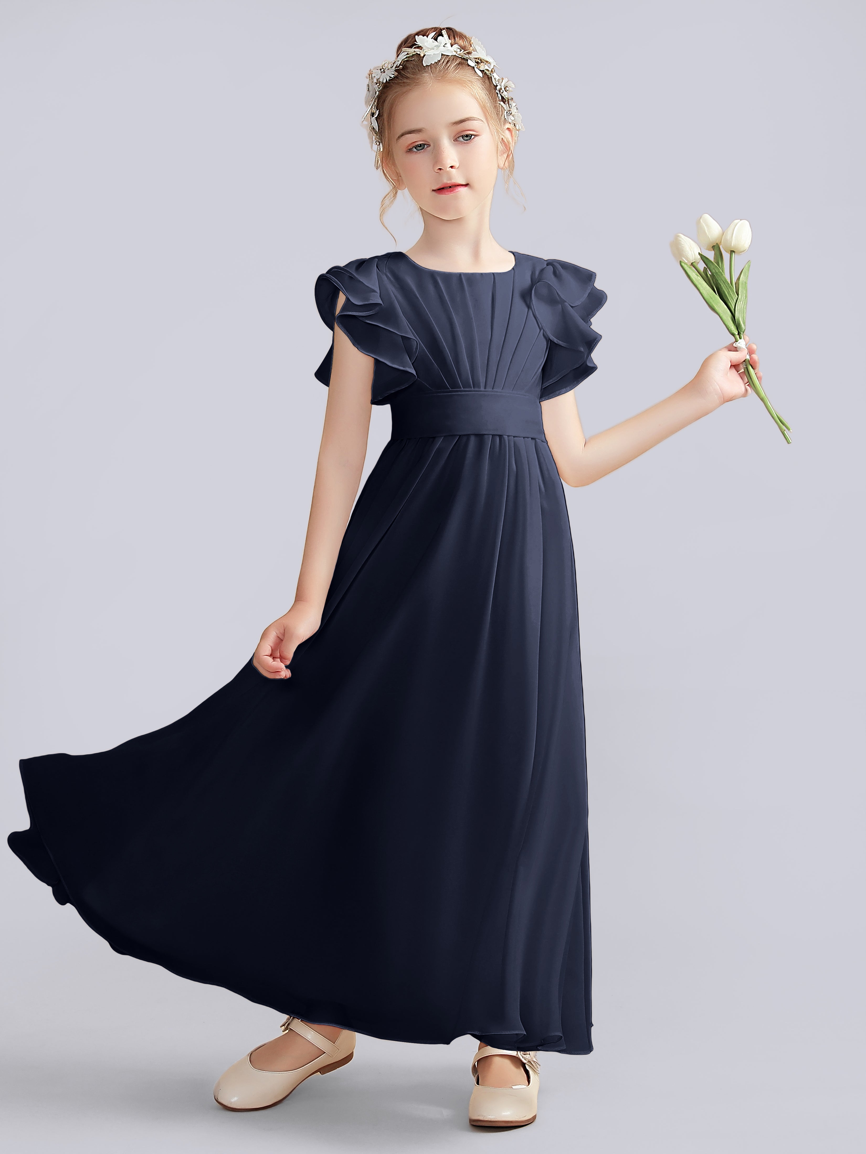 Flutter sleeve crinkle chiffon bridesmaid dress best sale