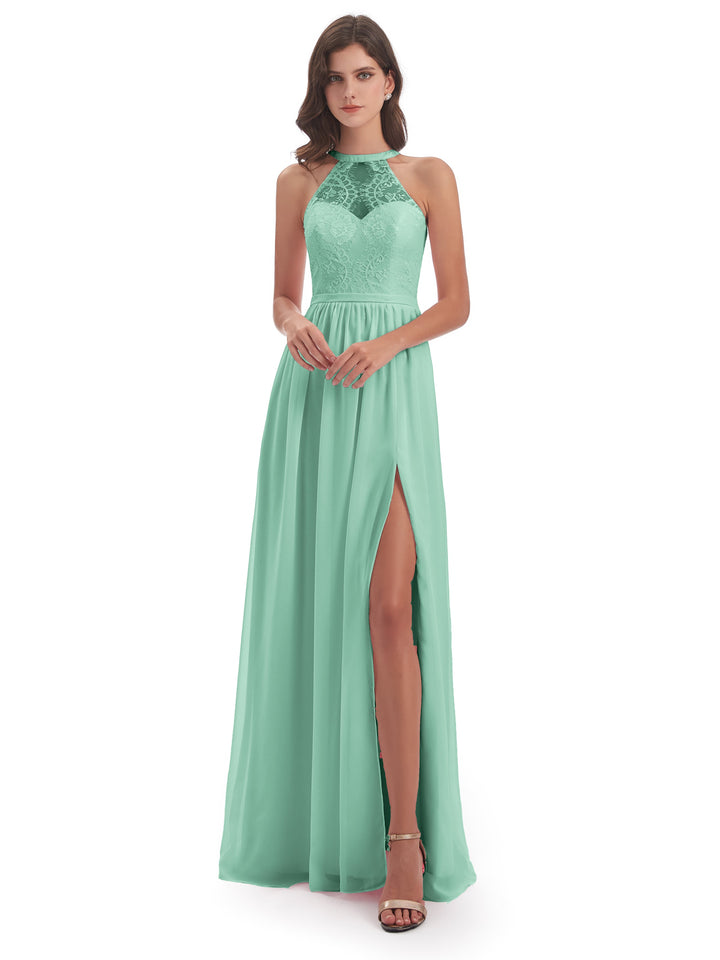 2022 Affordable Mint Green Bridesmaid Dresses Cicinia   Cicinia Ailani A Line Floor Length Halter Split Lace Chiffon Long Mint Green Bridesmaid Dresses 1 720x 