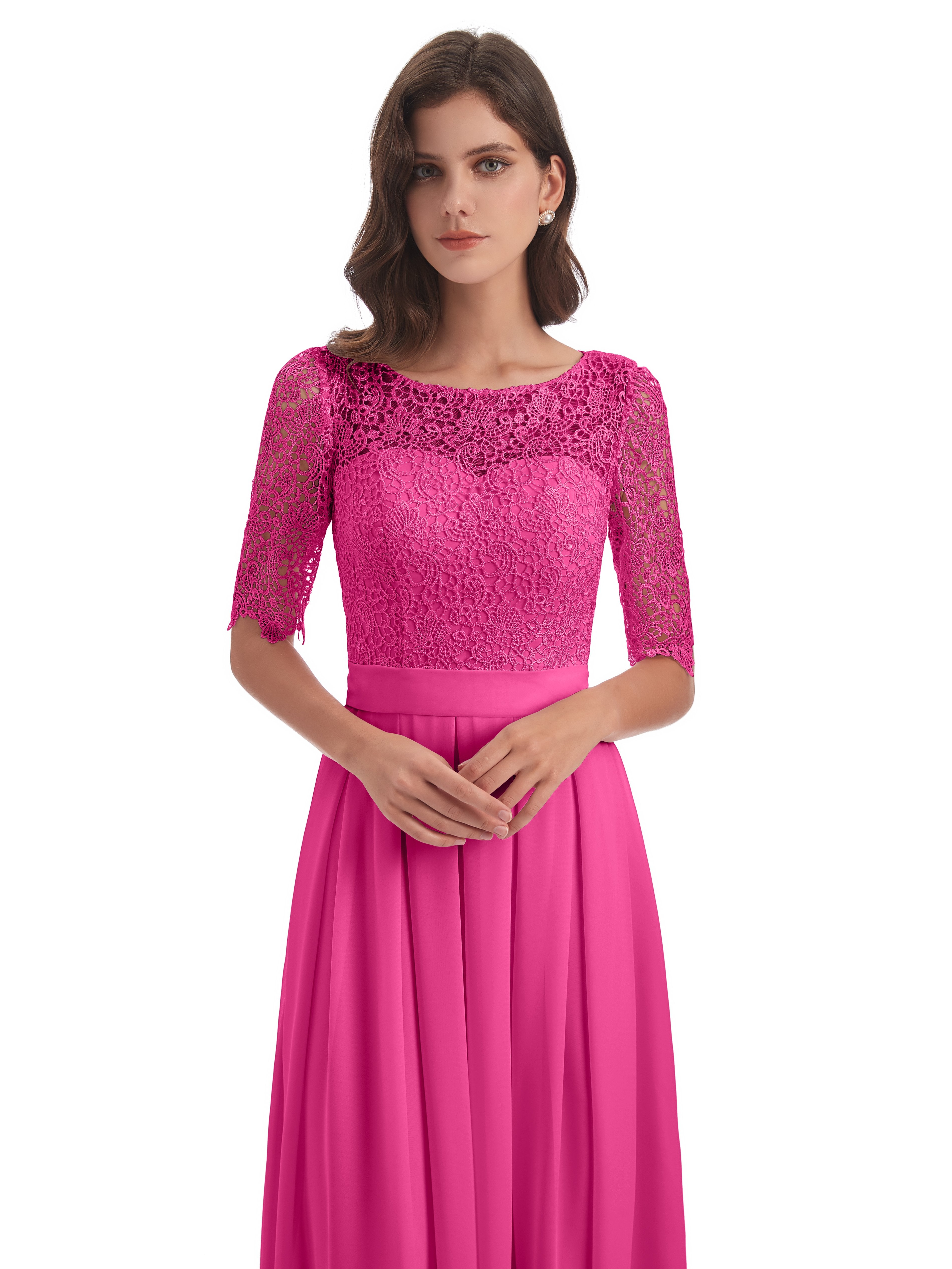 Brielle Half Sleeves Scoop Lace Long Bridesmaid Dresses