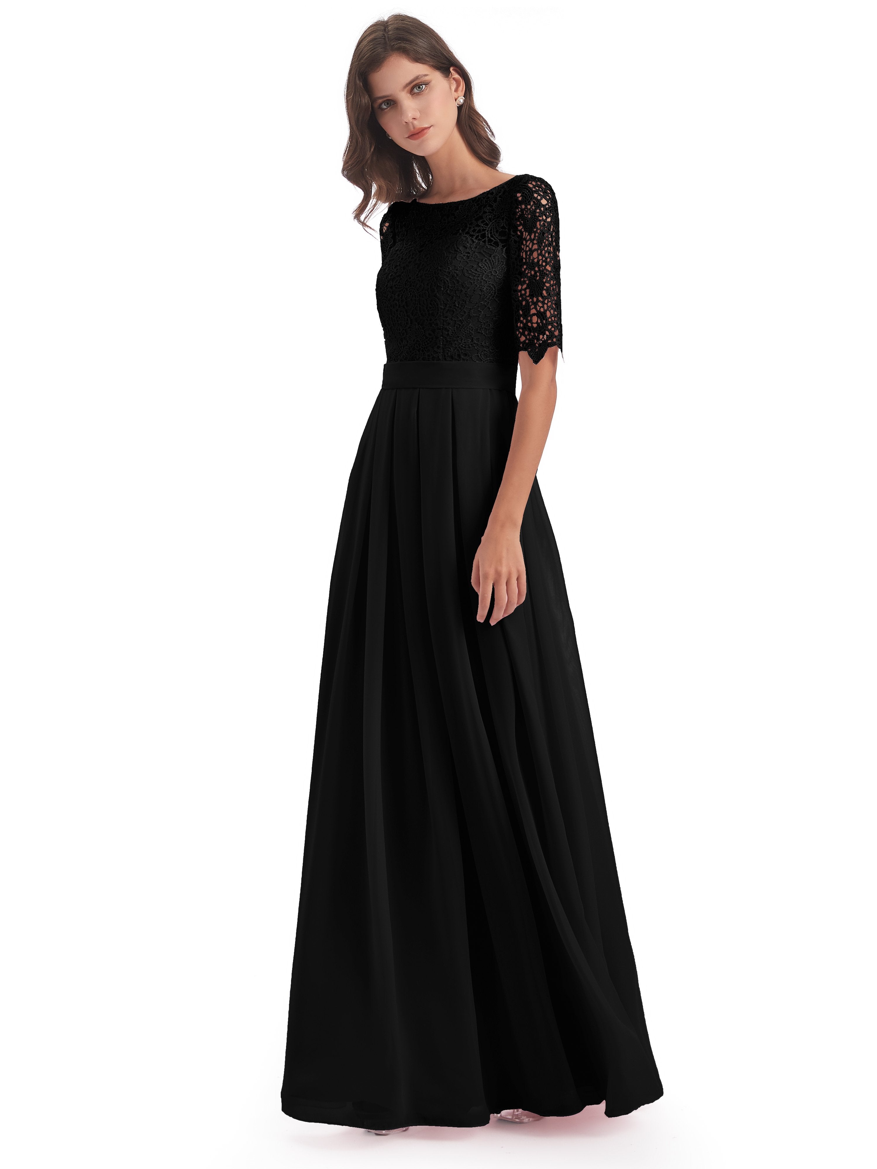 Brielle Half Sleeves Scoop Lace Long Bridesmaid Dresses