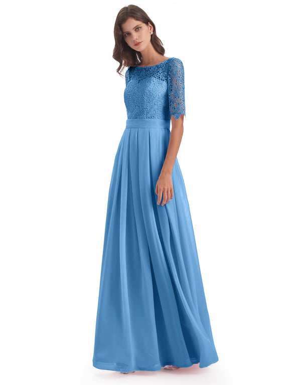 Brielle Half Sleeves Scoop Lace Long Bridesmaid Dresses