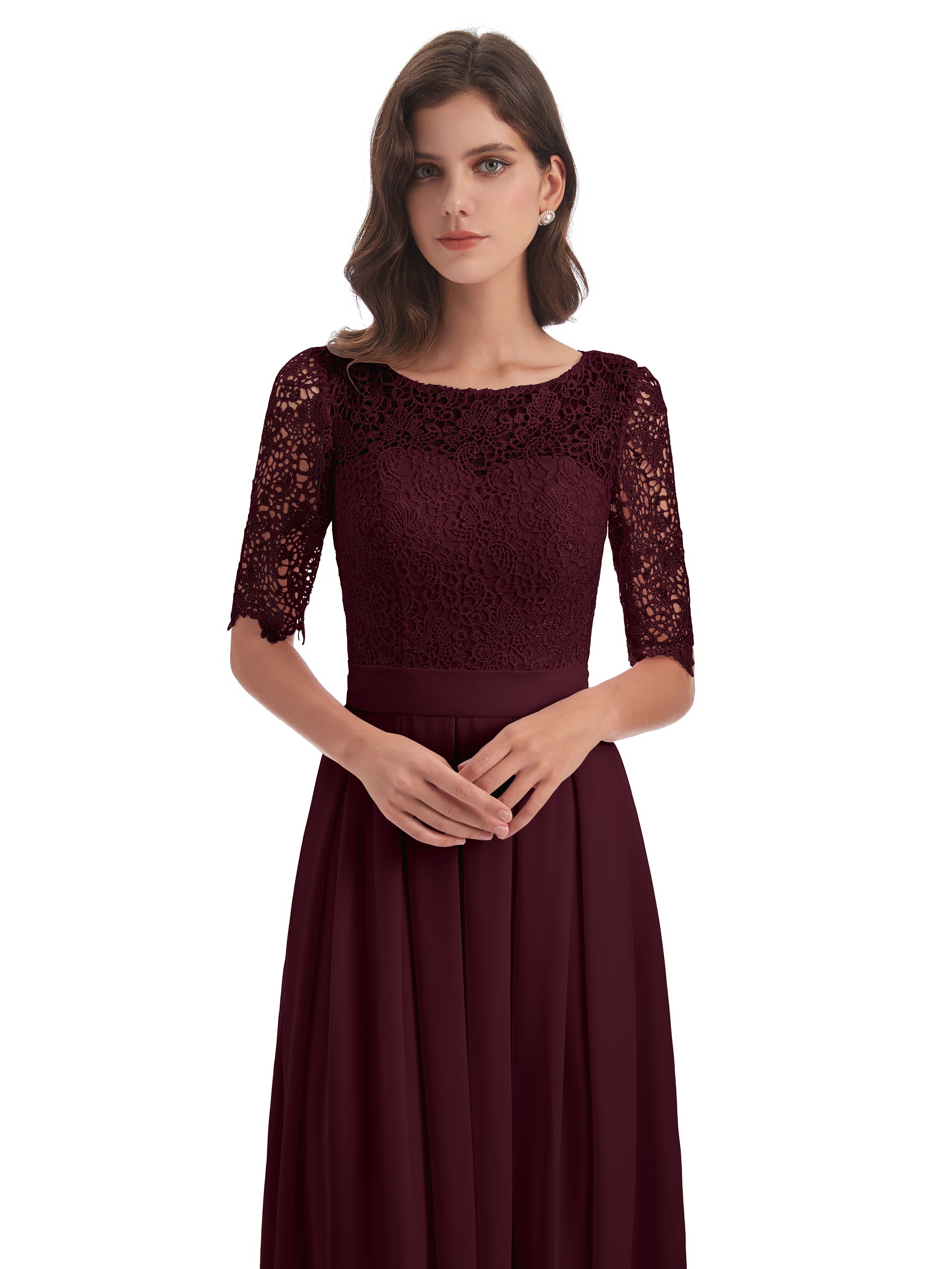 Scoop Burgundy Lace Short Bridesmaid Dress with 3/4 Sleeves & Black 2024 Leather Belt